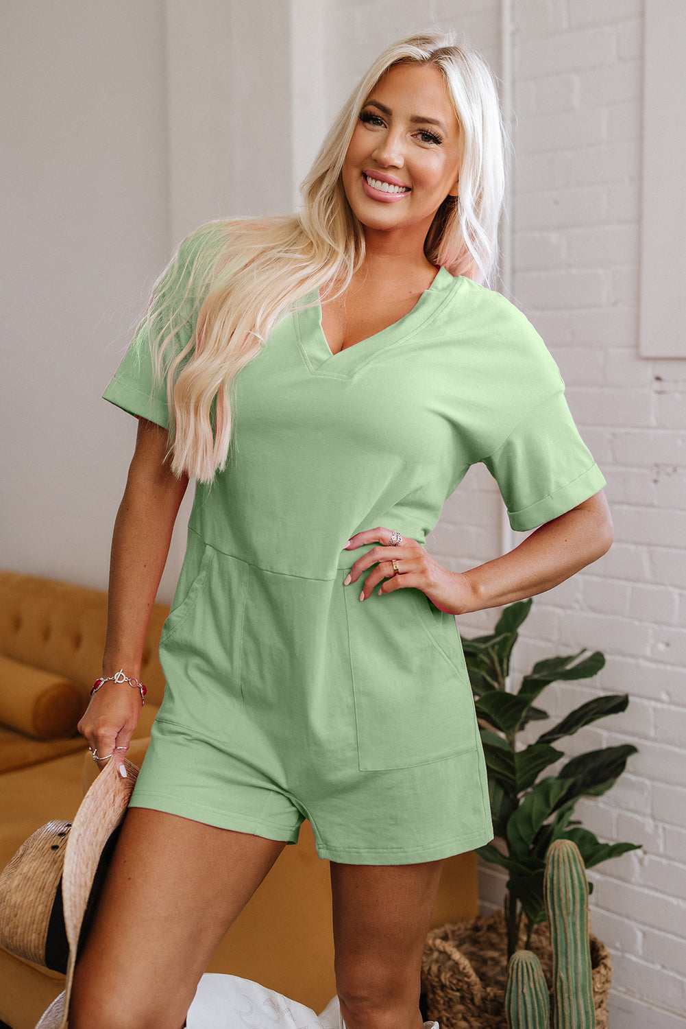 Grass Green Loose Half Sleeve V Neck Knit Romper-Bottoms/Jumpsuits & Rompers-[Adult]-[Female]-2022 Online Blue Zone Planet