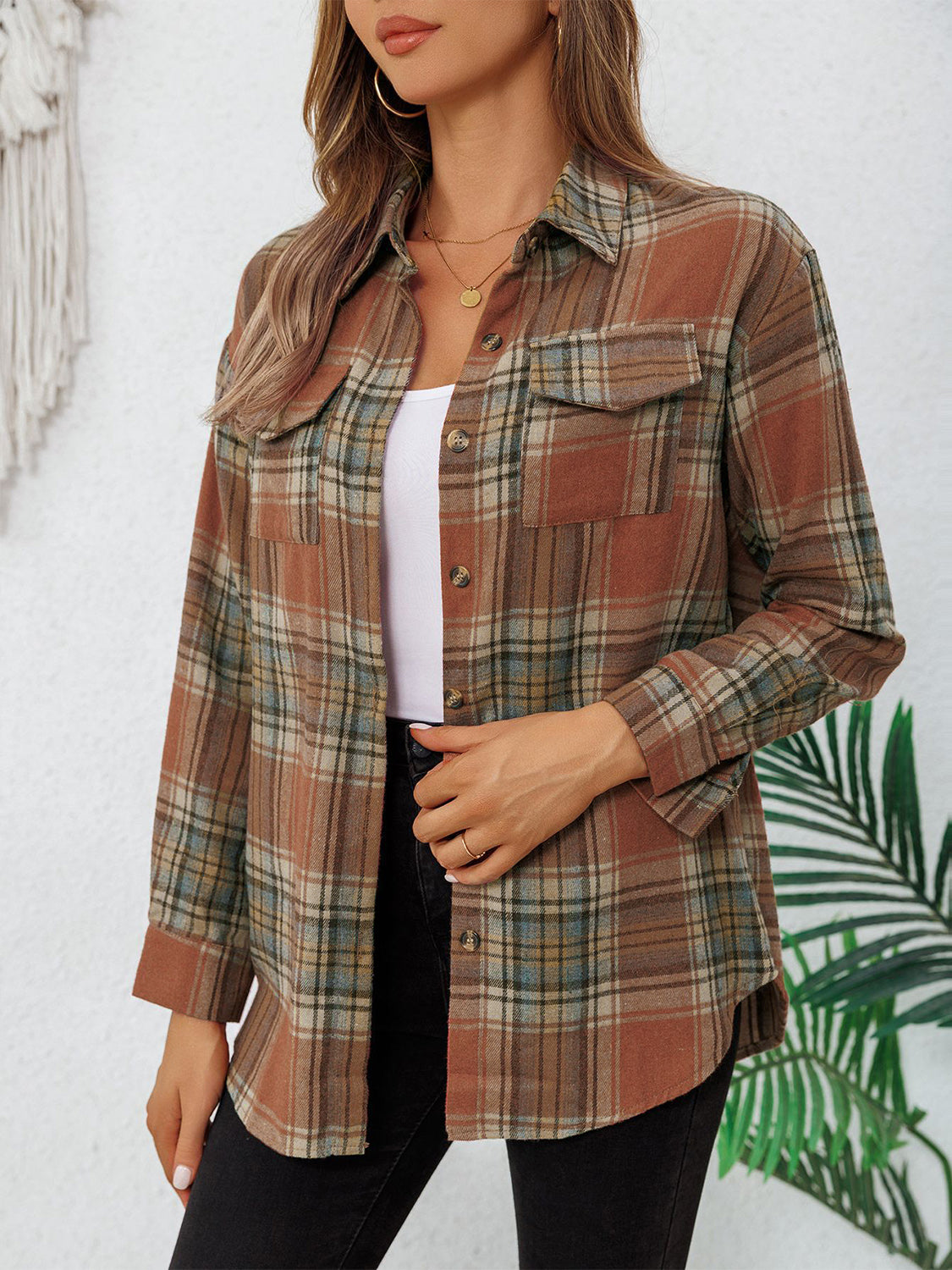 Plaid Collared Neck Button Up Long Sleeve Shirt-TOPS / DRESSES-[Adult]-[Female]-2022 Online Blue Zone Planet