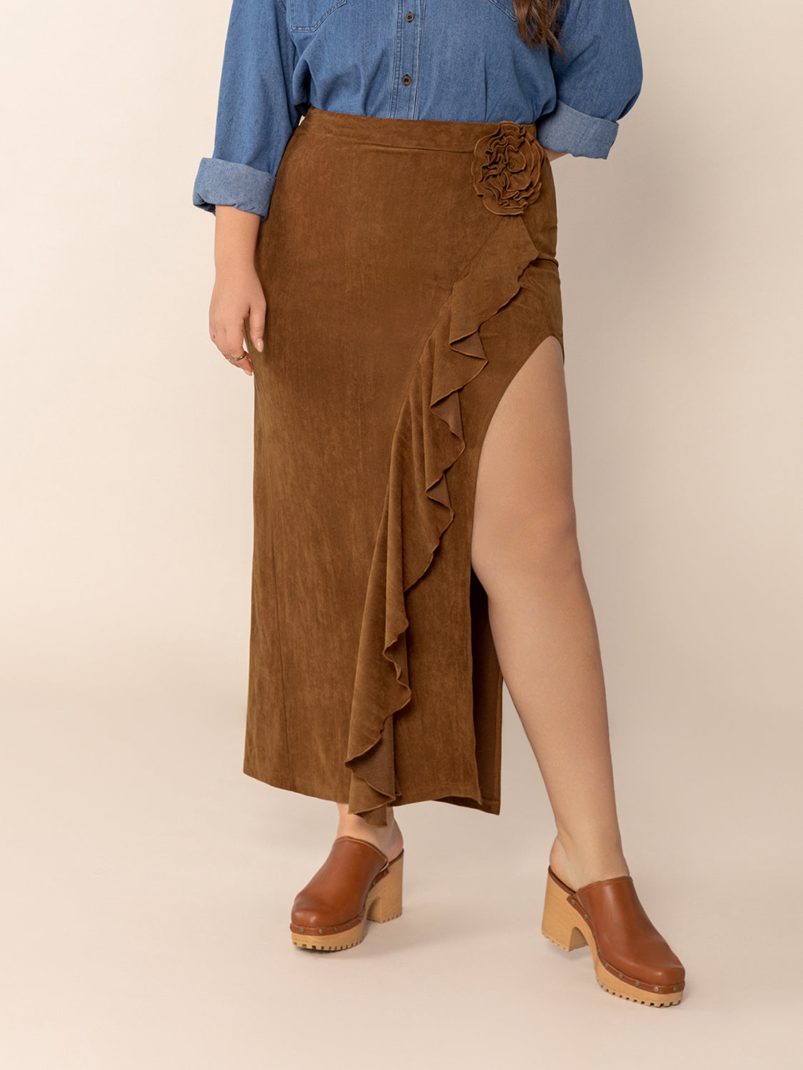 Plus Size Ruffled Slit High Rise Skirt-BOTTOM SIZES SMALL MEDIUM LARGE-[Adult]-[Female]-2022 Online Blue Zone Planet