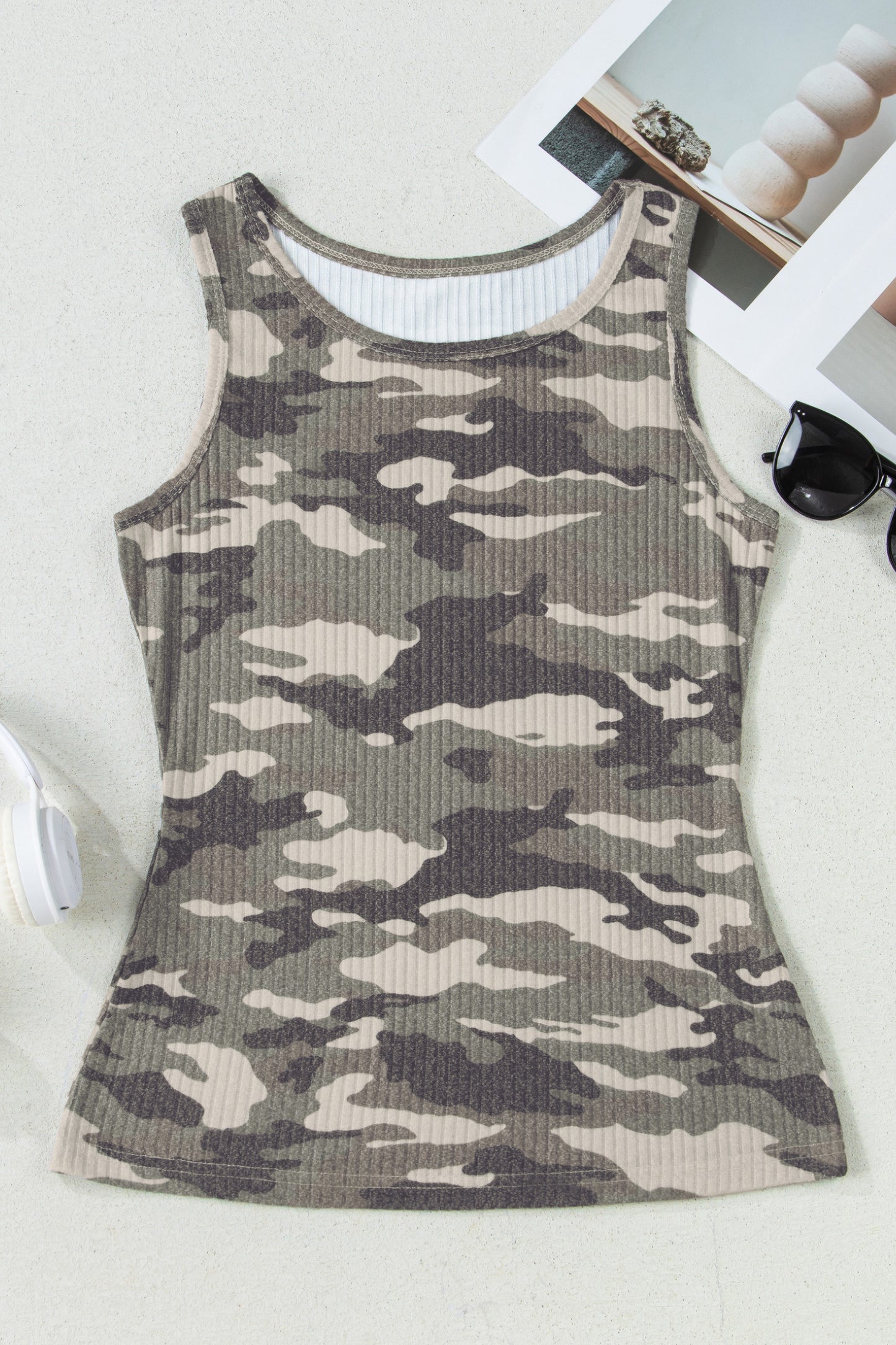 Green Camouflage Print Ribbed Knit Round Neck Tank Top-Tops/Tank Tops-[Adult]-[Female]-2022 Online Blue Zone Planet