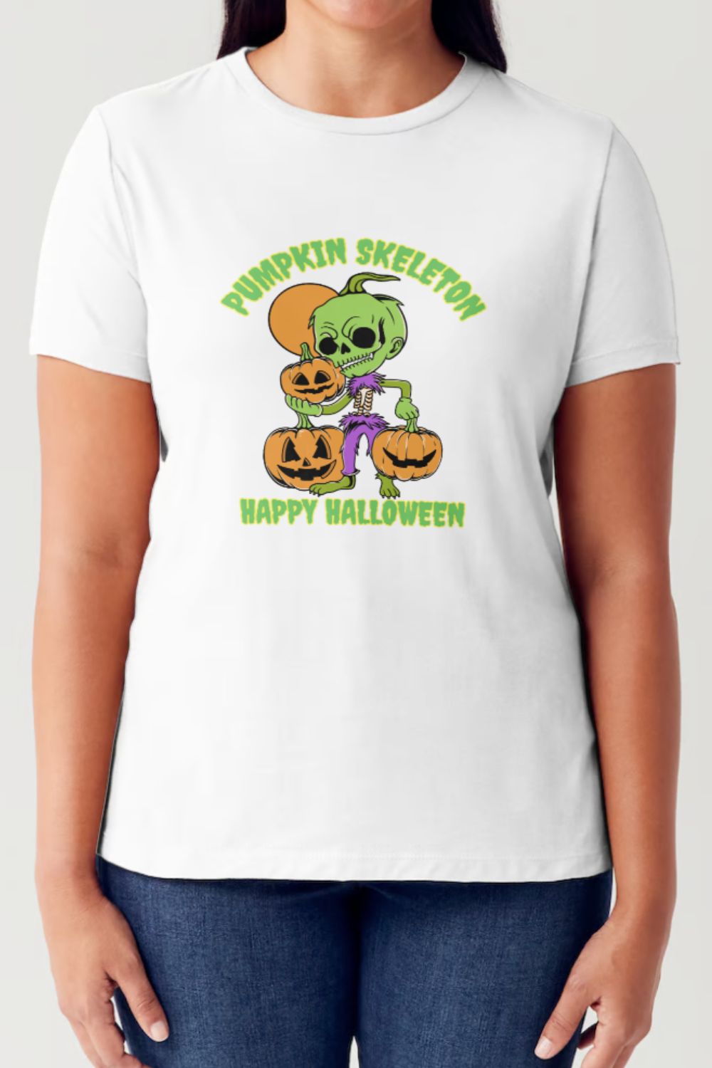 Simply Love Full Size PUMPKIN SKELETON HAPPY HALLOWEEN Short Sleeve Tubular T-Shirt-TOPS / DRESSES-[Adult]-[Female]-White-S-2022 Online Blue Zone Planet