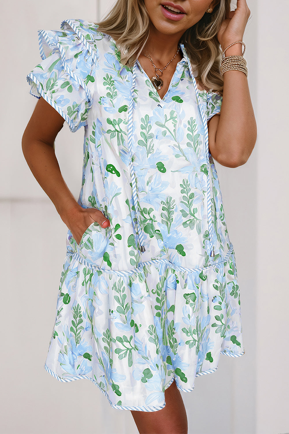Orange Floral Contrast Edge Layered Short Sleeve Mini Dress-TOPS / DRESSES-[Adult]-[Female]-Sky Blue-S-2022 Online Blue Zone Planet