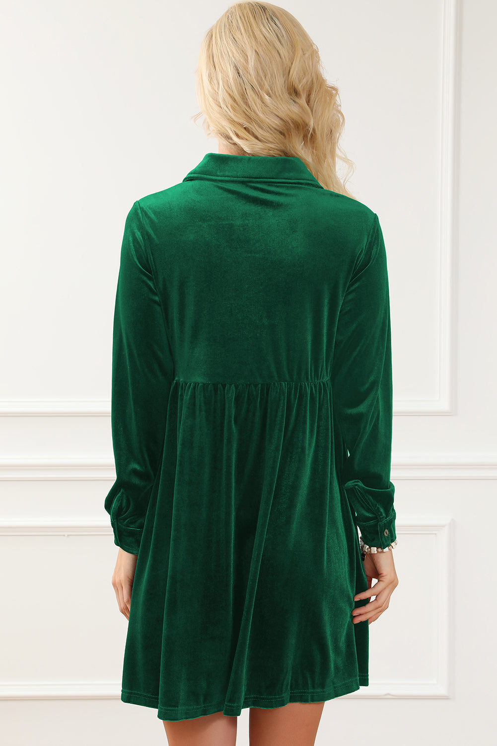 Blue Zone Planet | Green Long Sleeve Ruffle Velvet Button Up Dress-TOPS / DRESSES-[Adult]-[Female]-2022 Online Blue Zone Planet