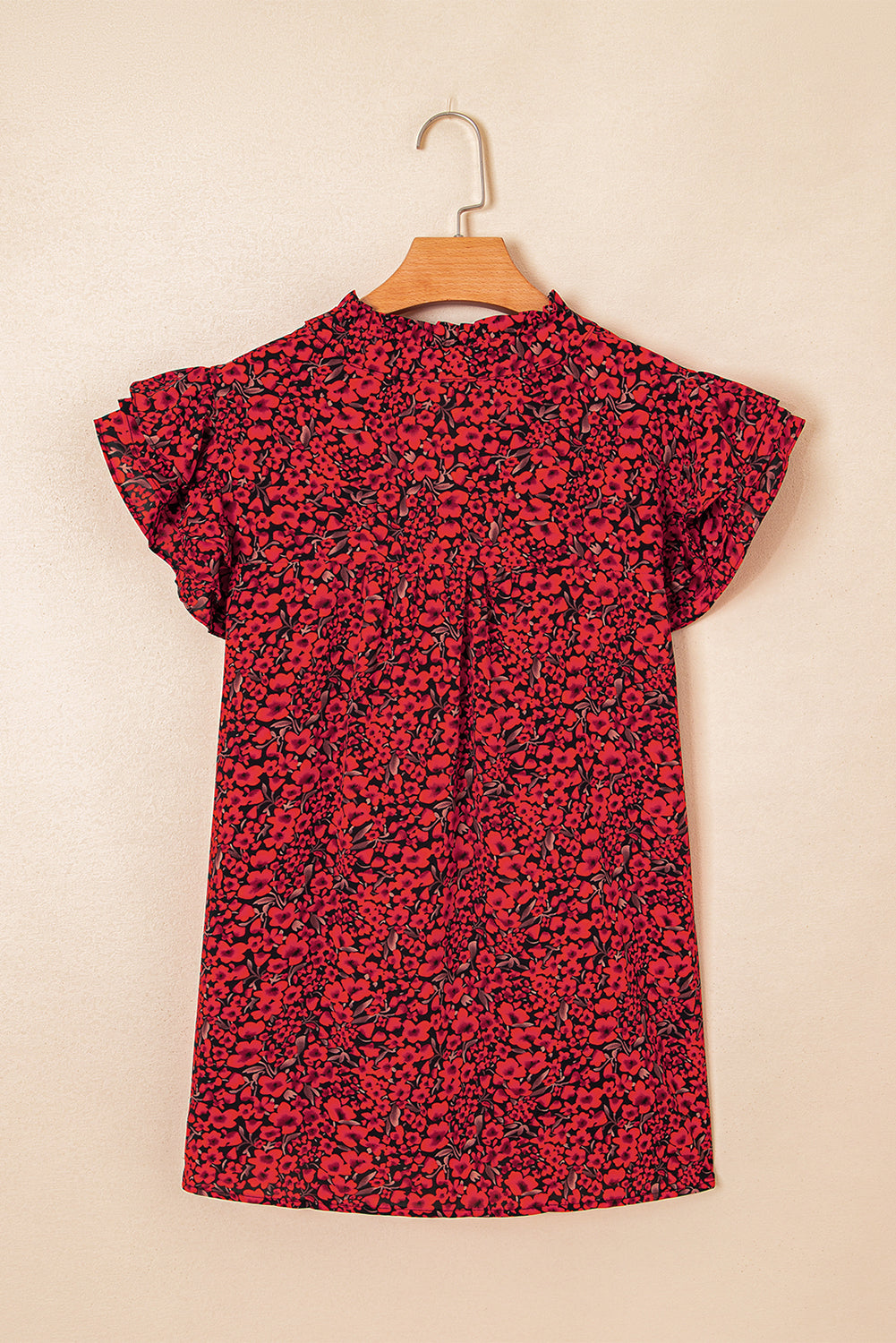 Fiery Red Rose Floral Print Ruffle Sleeve Plus Size Shift Top-Plus Size/Plus Size Tops/Plus Size Blouses & Shirts-[Adult]-[Female]-2022 Online Blue Zone Planet