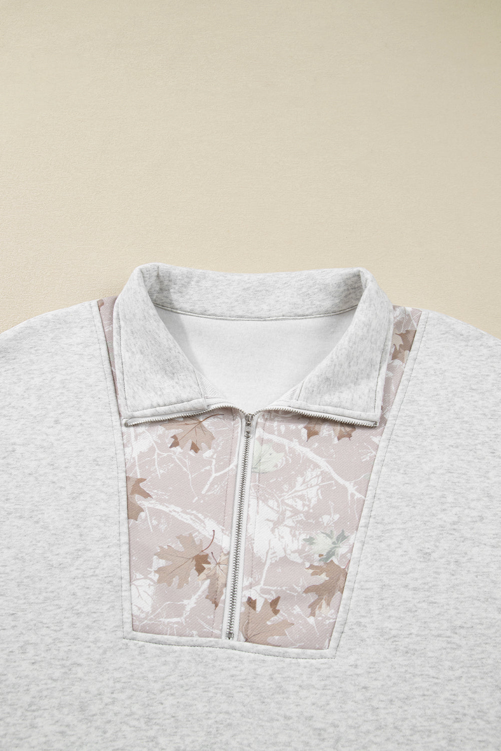 Gray Camo Leaves Patchwork Zipped Collar Pullover Plus Size Sweatshirt-Plus Size/Plus Size Sweatshirts & Hoodies-[Adult]-[Female]-2022 Online Blue Zone Planet