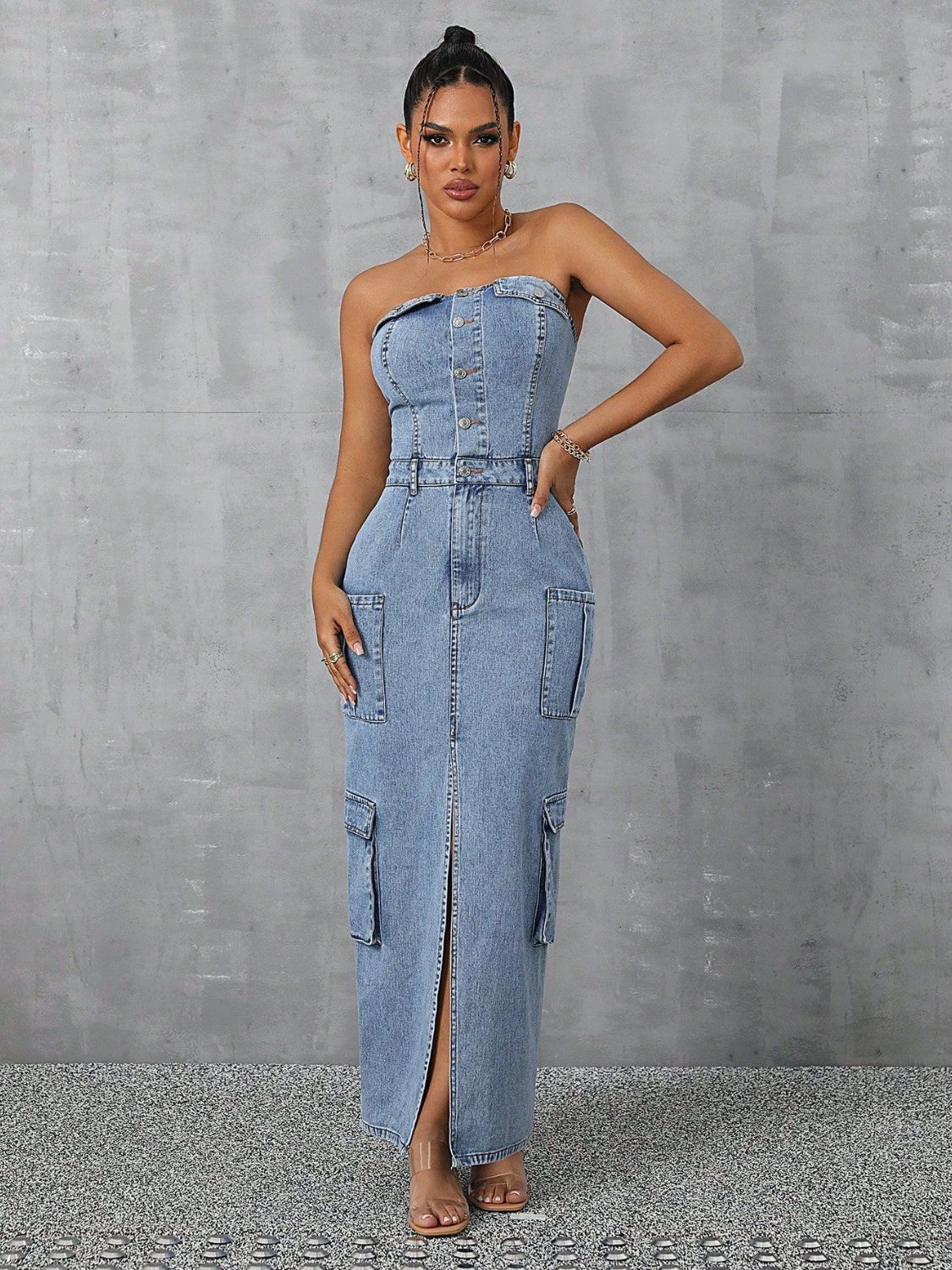 Blue Zone Planet | Slit Half Button Tube Denim Dress-TOPS / DRESSES-[Adult]-[Female]-2022 Online Blue Zone Planet