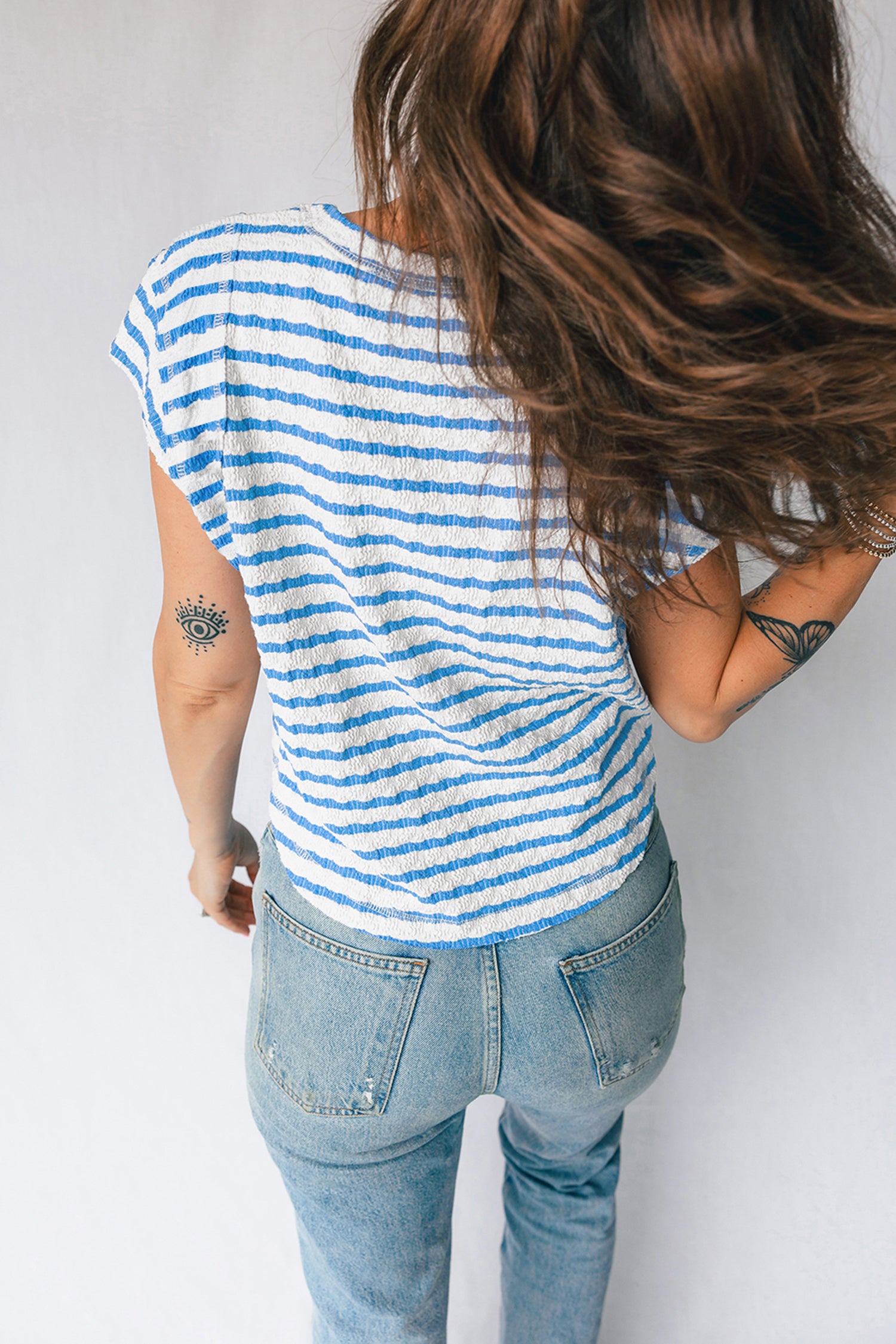 Blue Stripe Textured Short Sleeve Patchwork T Shirt-Tops/Tops & Tees-[Adult]-[Female]-2022 Online Blue Zone Planet