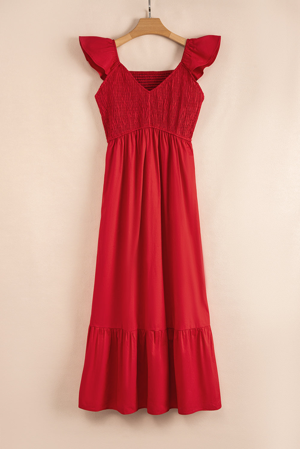 Fiery Red V Neck Flutter Sleeve Smocked Bodice High Waist Ruffle Maxi Dress-TOPS / DRESSES-[Adult]-[Female]-2022 Online Blue Zone Planet