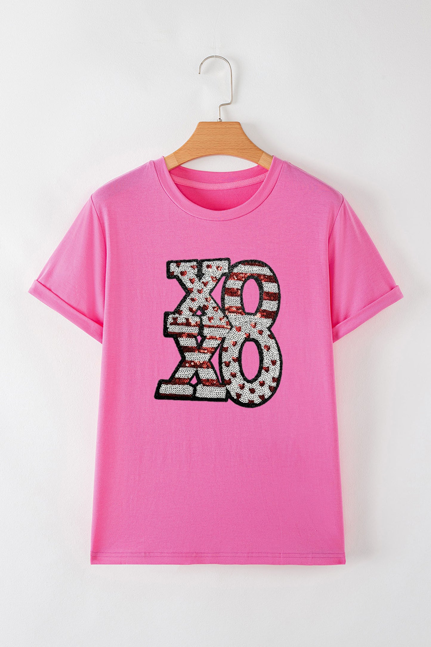 Sachet Pink Sequined Xoxo Graphic Valentine T Shirt-Graphic Tees-[Adult]-[Female]-2022 Online Blue Zone Planet