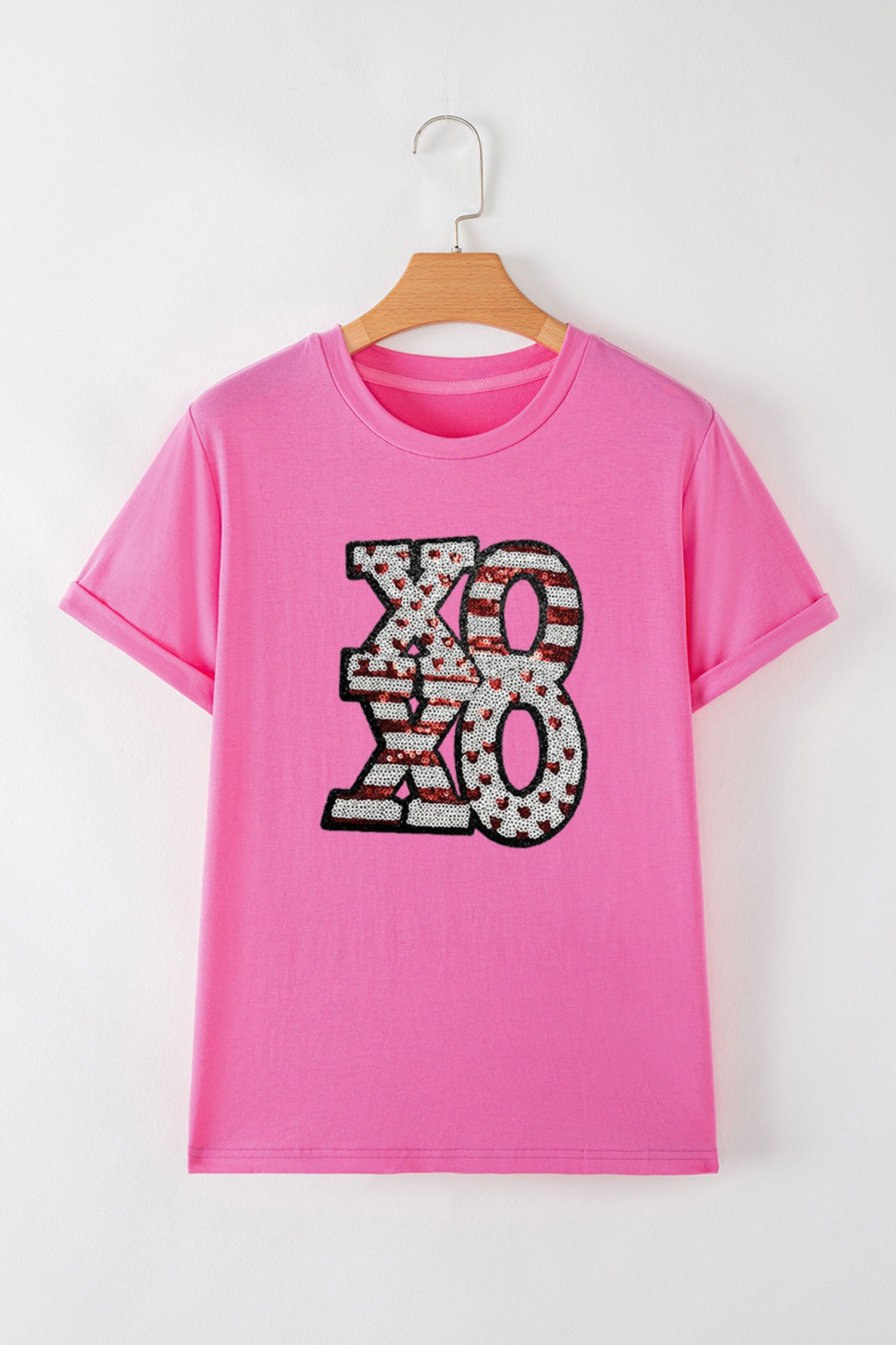 Sachet Pink Sequined Xoxo Graphic Valentine T Shirt-Graphic Tees-[Adult]-[Female]-2022 Online Blue Zone Planet