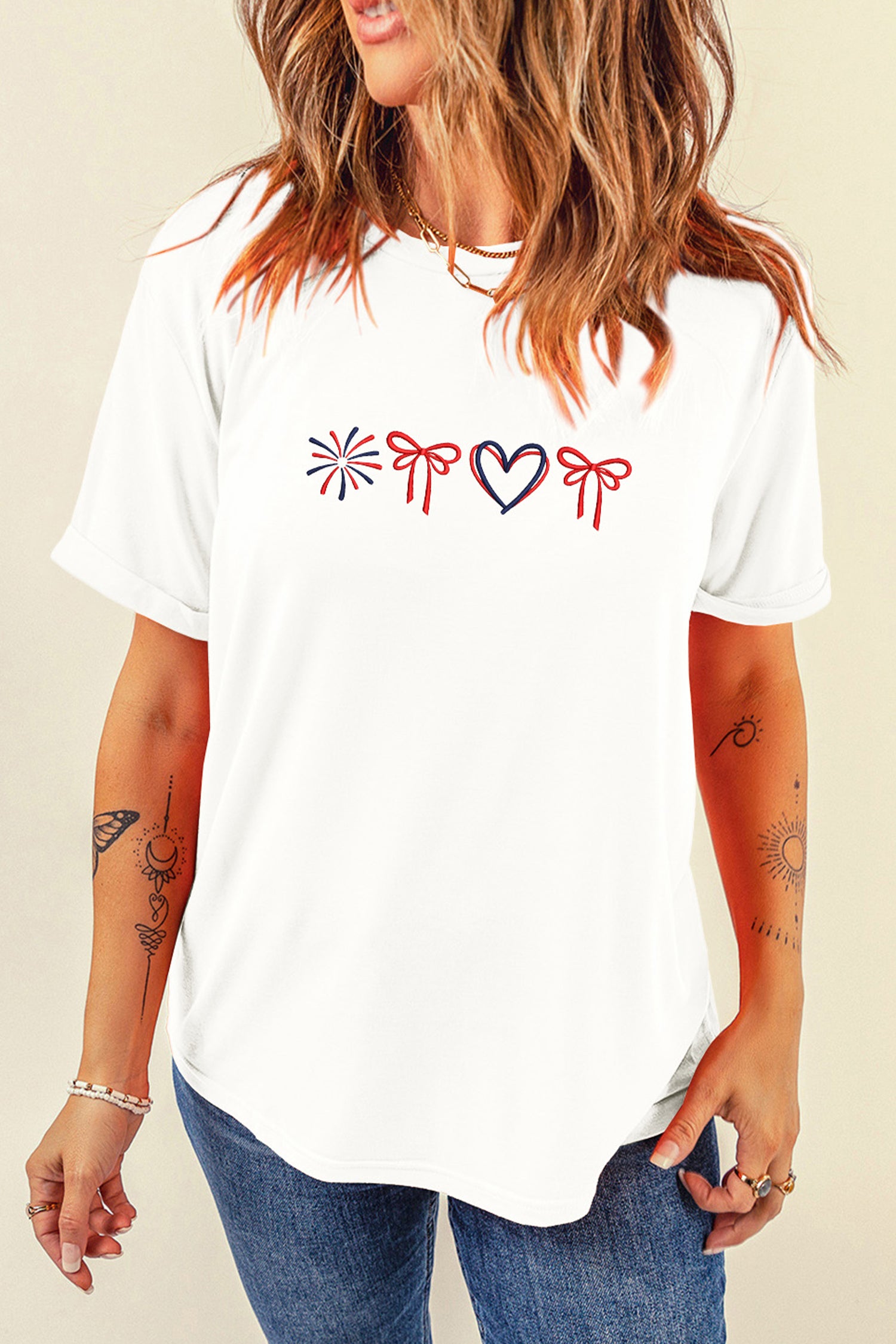 White Love July 4th Firework Bow Embroidered T Shirt-Graphic/Graphic Tees-[Adult]-[Female]-2022 Online Blue Zone Planet
