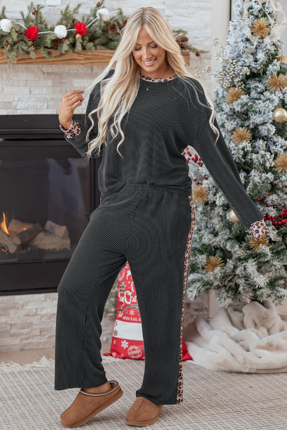 Carbon Grey Twisted Rib Texture Leopard Patchwork Detail 2pcs Pant Set-Two Piece Sets/Pant Sets-[Adult]-[Female]-2022 Online Blue Zone Planet