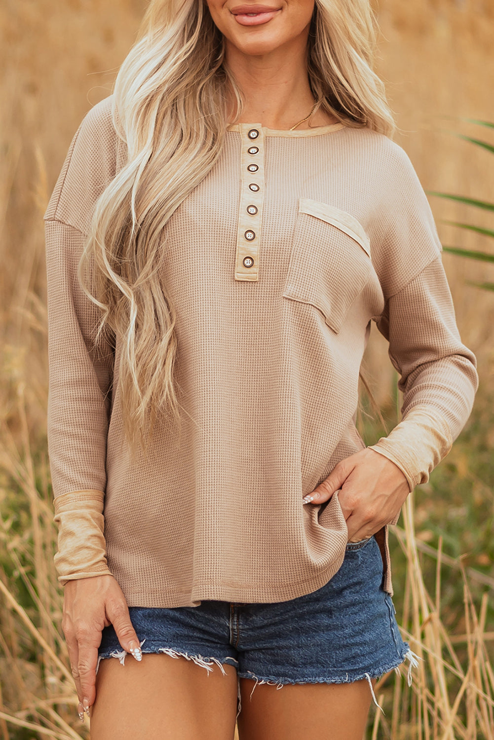 Dark Khaki Color Block Waffle Textured Tunic Henley Top With Slits-Tops/Long Sleeve Tops-[Adult]-[Female]-2022 Online Blue Zone Planet