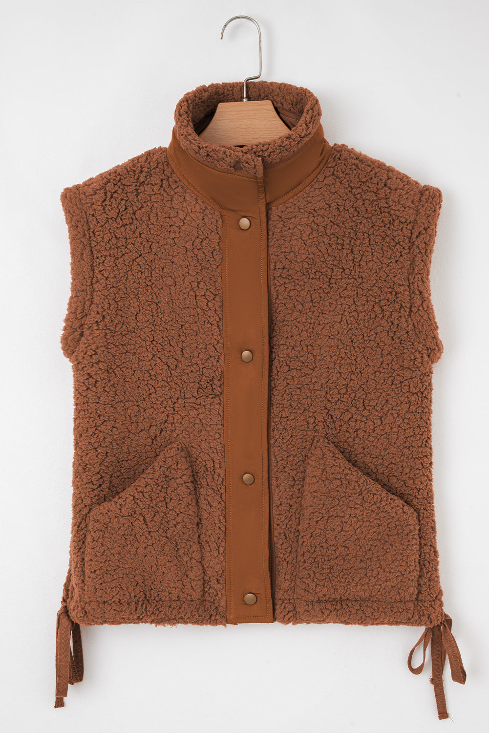 Cinnamon Faux Fur Snap Button Front Knot Side Plush Vest With Pockets-Outerwear/Vests-[Adult]-[Female]-2022 Online Blue Zone Planet