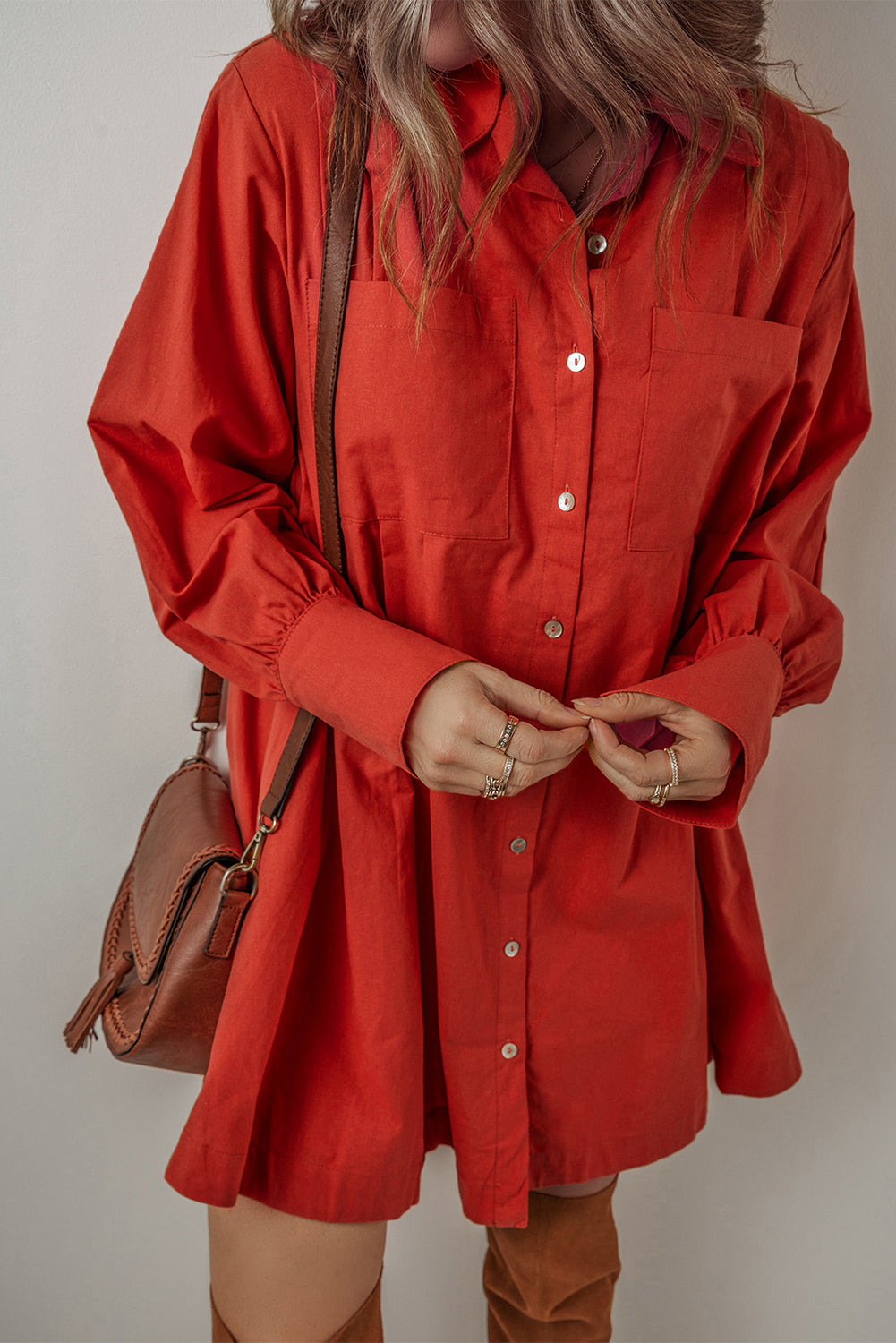 Blue Zone Planet | Tomato Red Bishop Sleeve Button Up Pleated Mini Shirt Dress-TOPS / DRESSES-[Adult]-[Female]-2022 Online Blue Zone Planet