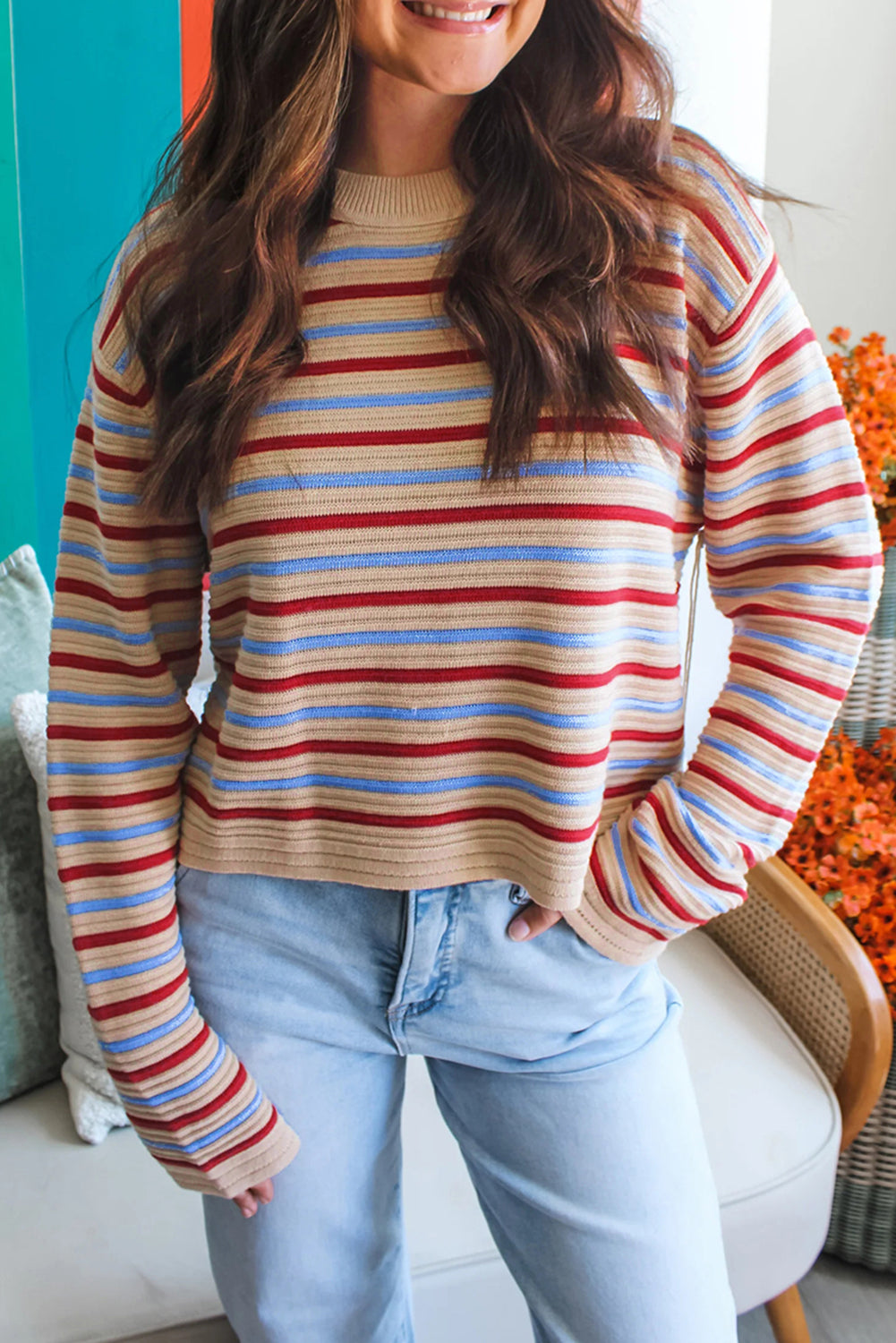 Khaki Stripe Drop Shoulder Cropped Long Sleeve Fall Sweater-Sweaters & Cardigans/Sweaters-[Adult]-[Female]-Khaki Stripe-S-2022 Online Blue Zone Planet