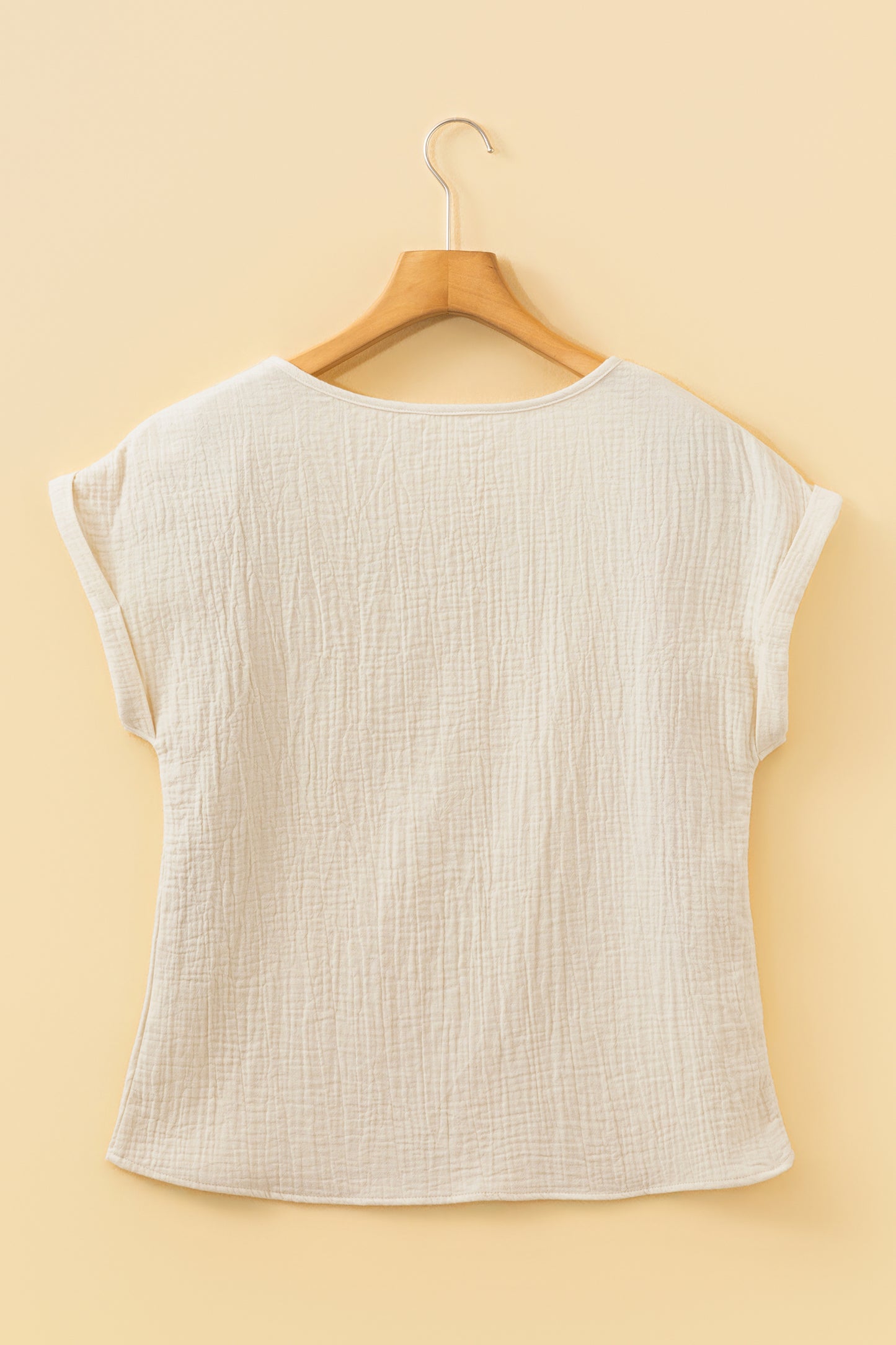 Beige Crochet Insert Textured Cotton Short Sleeve Blouse Top-Tops/Blouses & Shirts-[Adult]-[Female]-2022 Online Blue Zone Planet