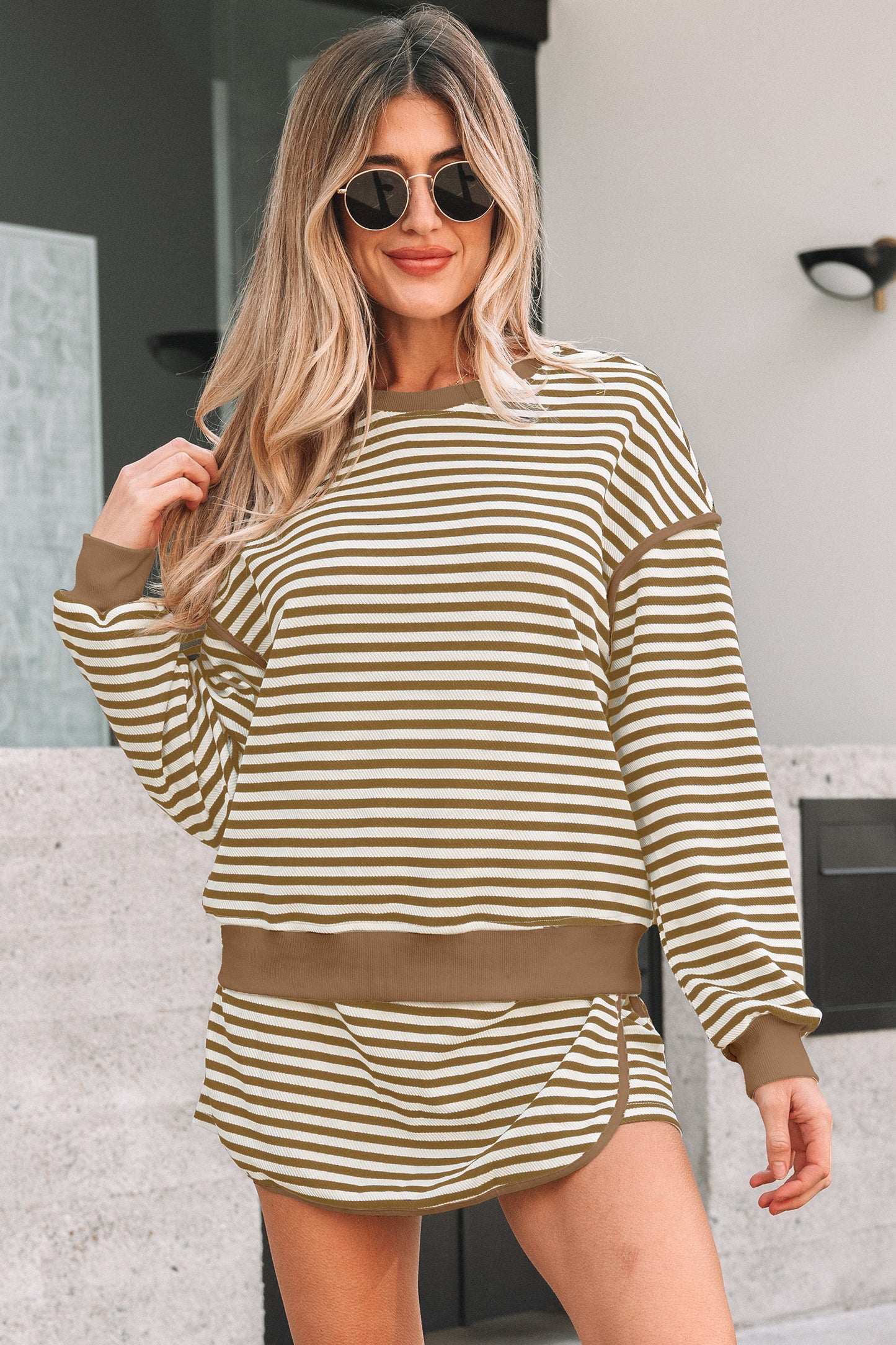 Brown Stripe Textured Drop Shoulder Pullover Top Drawstring Mini Skirt Two Piece Dress Set-TOPS / DRESSES-[Adult]-[Female]-2022 Online Blue Zone Planet