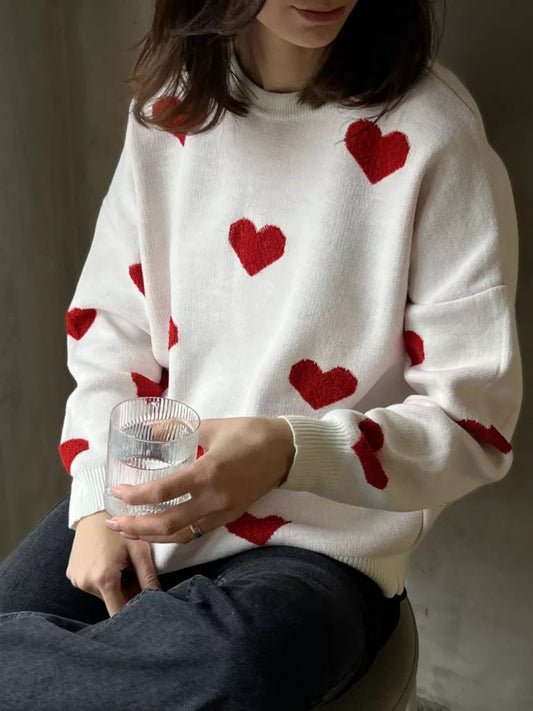 Heart Round Neck Dropped Shoulder Sweater-TOPS / DRESSES-[Adult]-[Female]-White-One Size-2022 Online Blue Zone Planet