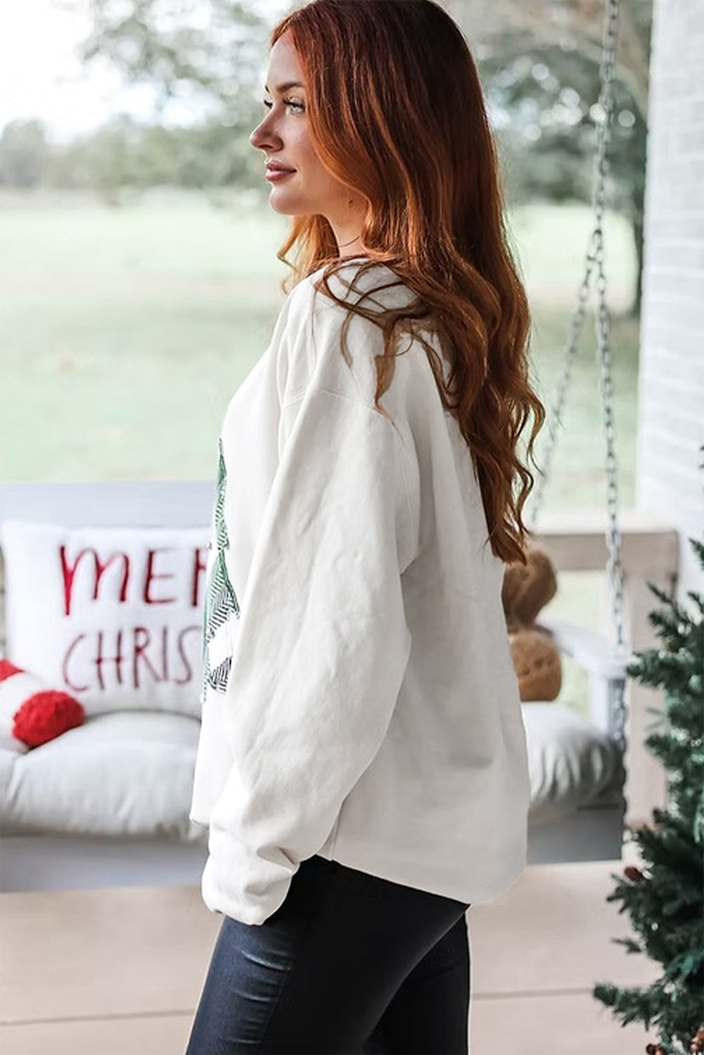 White Pearl Plaid Christmas Tree Patched Drop Shoulder Sweatshirt-Tops/Sweatshirts & Hoodies-[Adult]-[Female]-2022 Online Blue Zone Planet
