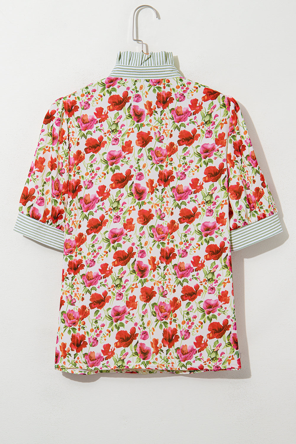 Red Floral Print Striped Patchwork Collared Short Sleeve Blouse-Tops/Blouses & Shirts-[Adult]-[Female]-2022 Online Blue Zone Planet