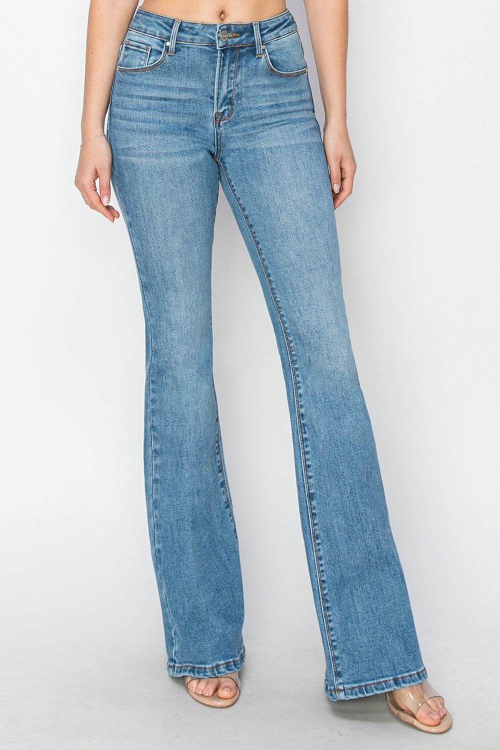 Blue Zone Planet | RISEN Mid Rise Flare Jeans with Pockets-BOTTOM SIZES SMALL MEDIUM LARGE-[Adult]-[Female]-2022 Online Blue Zone Planet