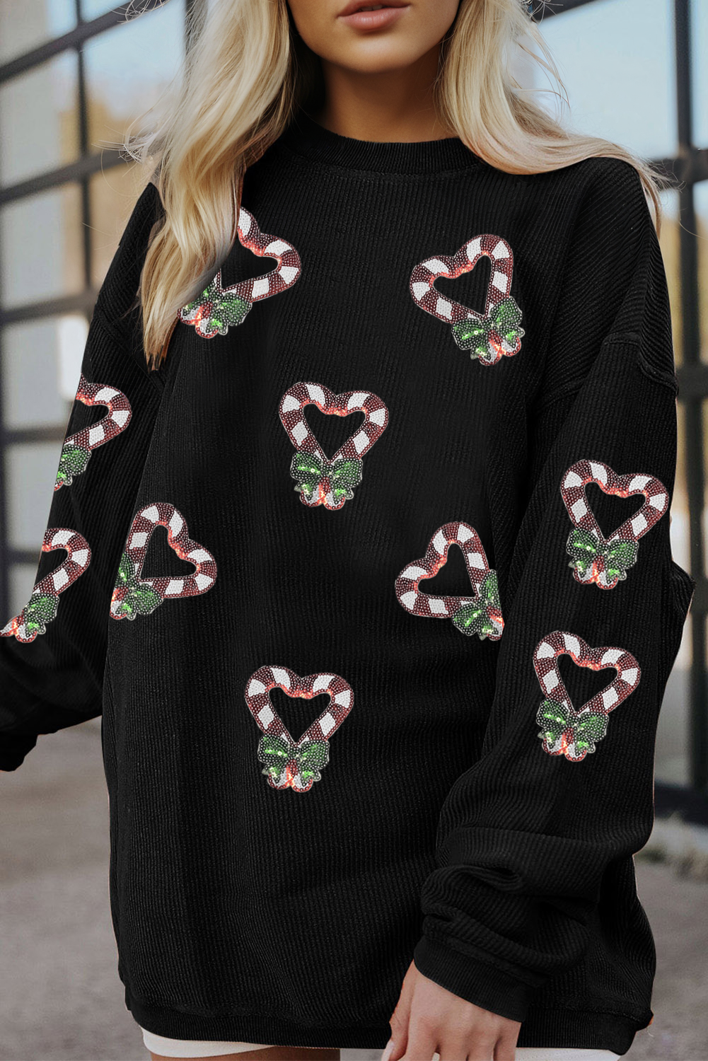 Black Sequin Christmas Candy Cane Heart Graphic Drop Shoulder Ribbed Sweatshirt-Graphic Sweatshirts-[Adult]-[Female]-Black-2XL-2022 Online Blue Zone Planet