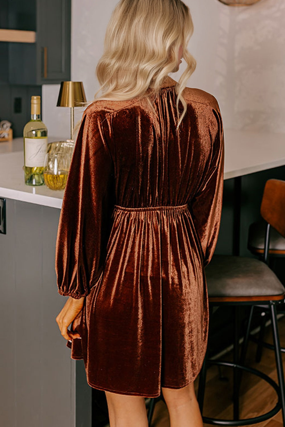 Clay Elastic V Neck Puff Sleeve Short Velvet Dress-TOPS / DRESSES-[Adult]-[Female]-2022 Online Blue Zone Planet