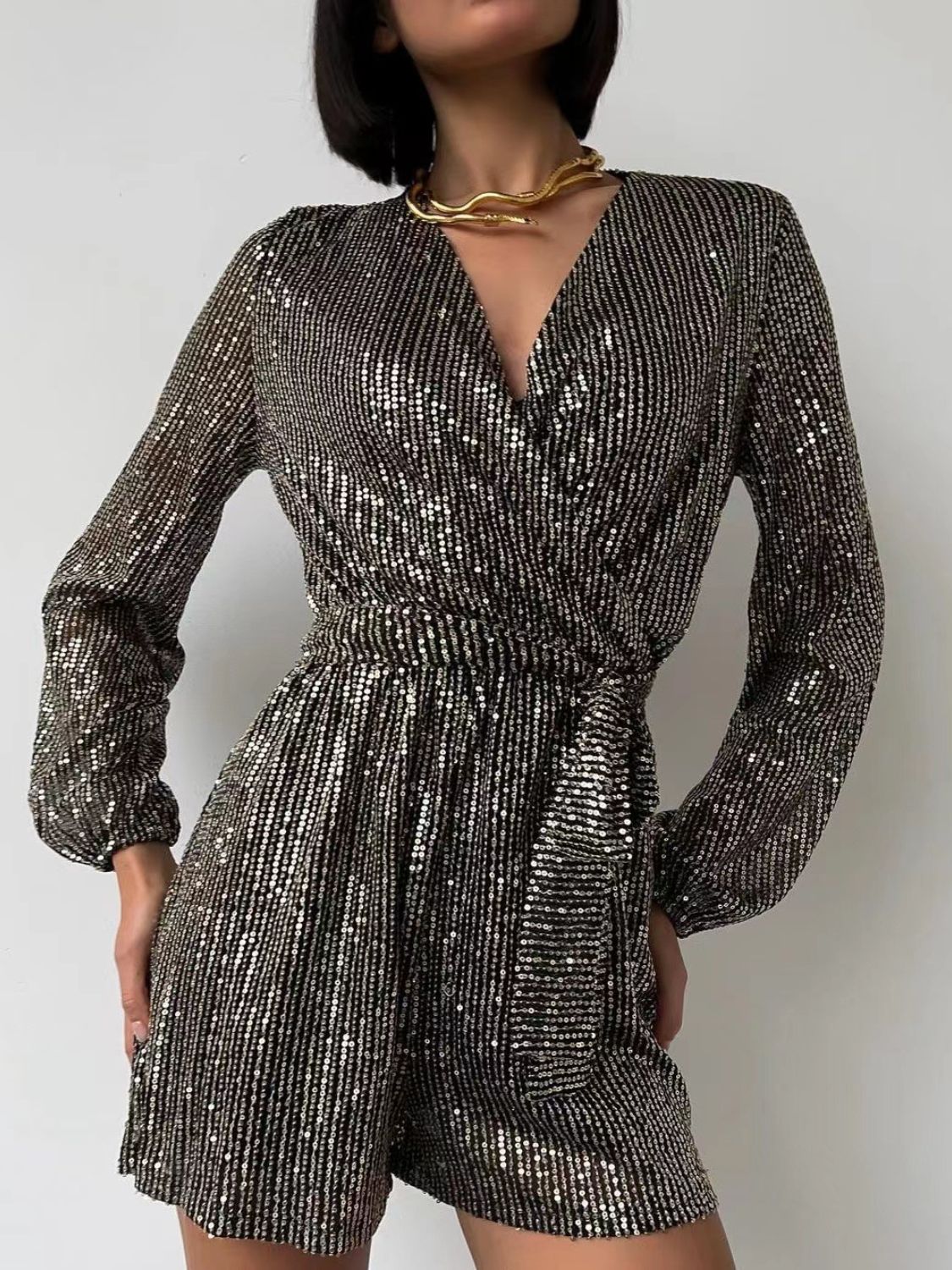 Full Size Sequin Surplice Tie Waist Long Sleeve Romper-TOPS / DRESSES-[Adult]-[Female]-2022 Online Blue Zone Planet