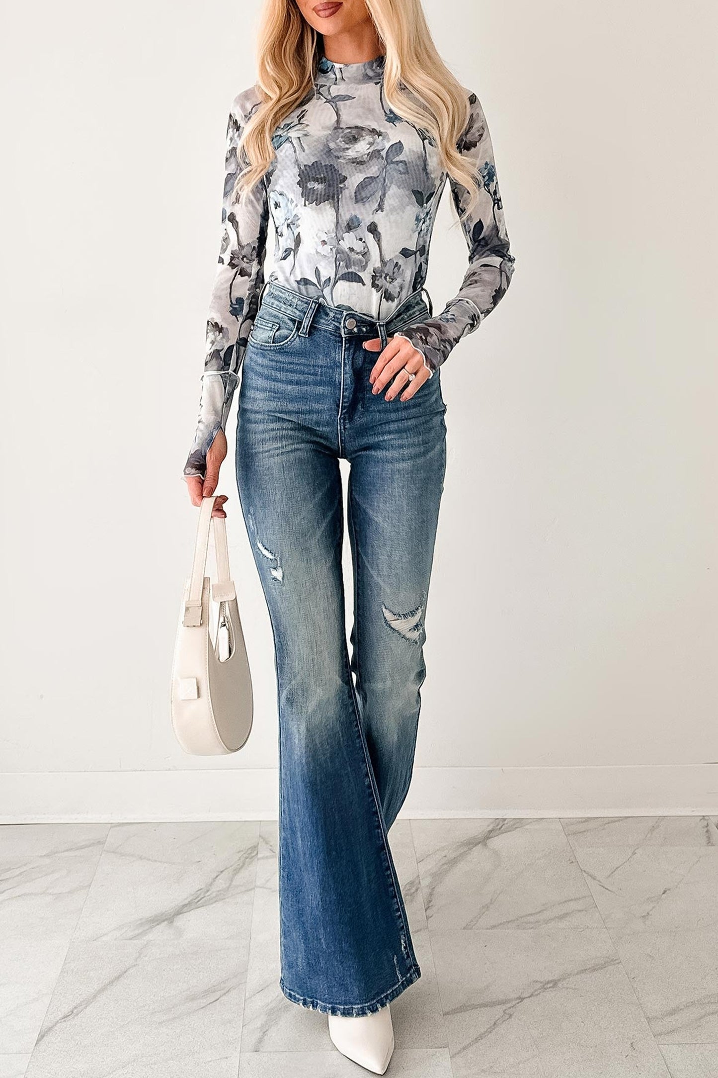 Sky Blue Floral Mesh High Neck Long Sleeve Sheath Top-Tops/Long Sleeve Tops-[Adult]-[Female]-2022 Online Blue Zone Planet