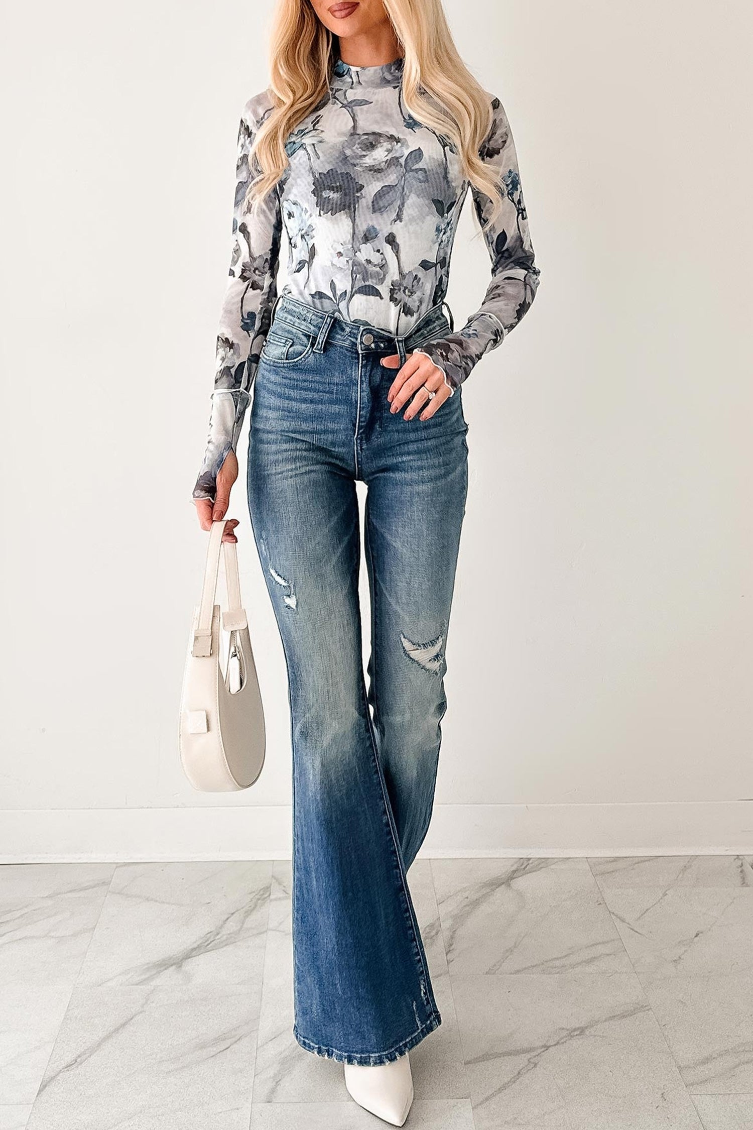 Sky Blue Floral Mesh High Neck Long Sleeve Sheath Top-Tops/Long Sleeve Tops-[Adult]-[Female]-2022 Online Blue Zone Planet