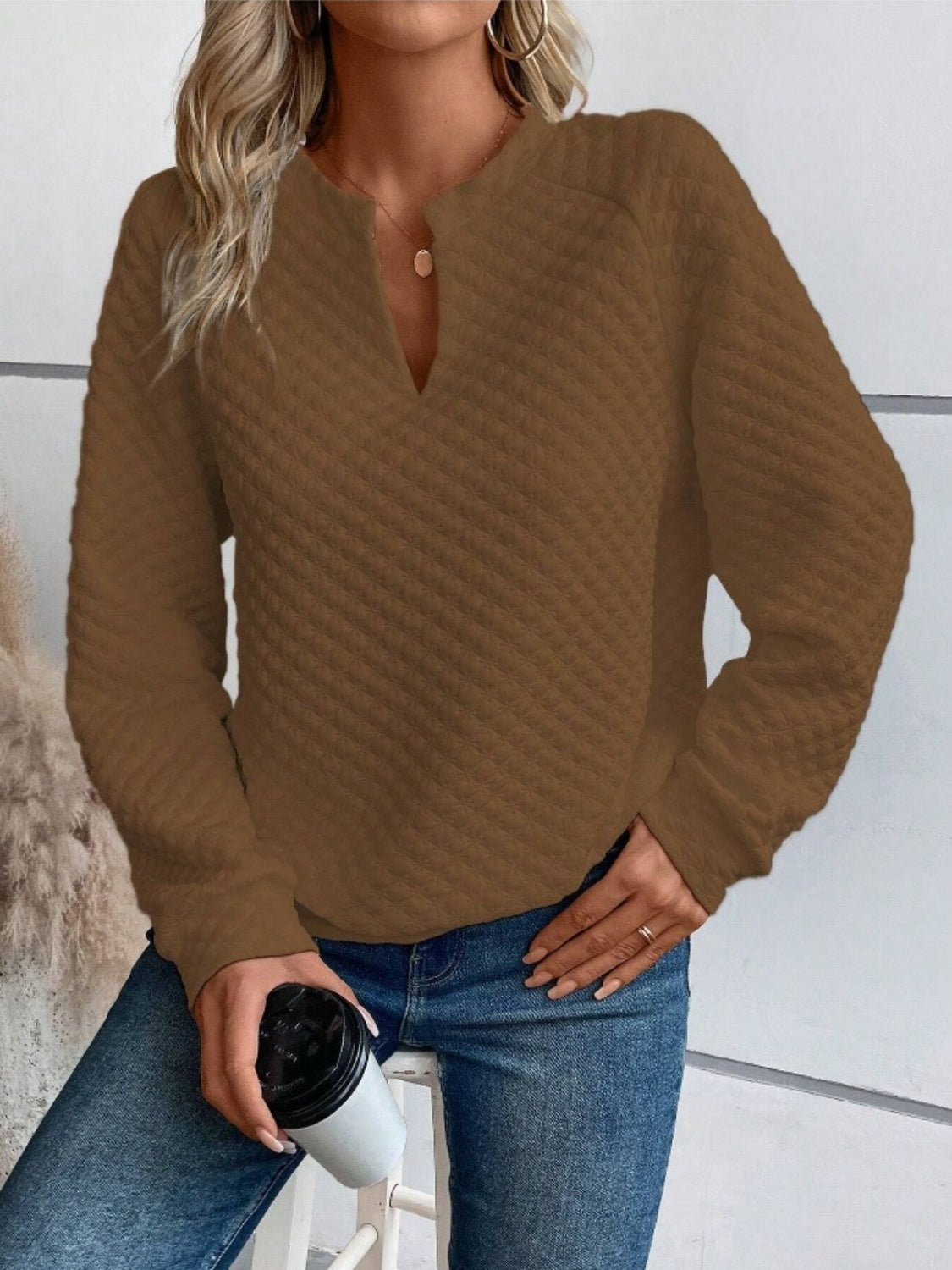 Blue Zone Planet | Notched Long Sleeve Sweatshirt-TOPS / DRESSES-[Adult]-[Female]-Olive Brown-S-2022 Online Blue Zone Planet