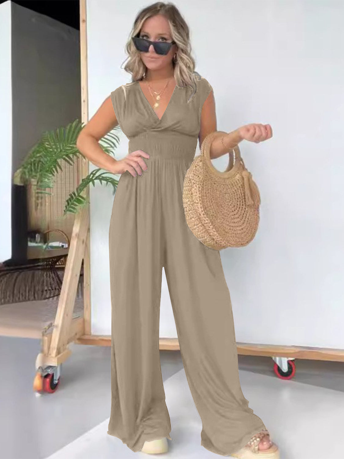 Smocked Cap Sleeve Wide Leg Jumpsuit-TOPS / DRESSES-[Adult]-[Female]-Tan-S-2022 Online Blue Zone Planet