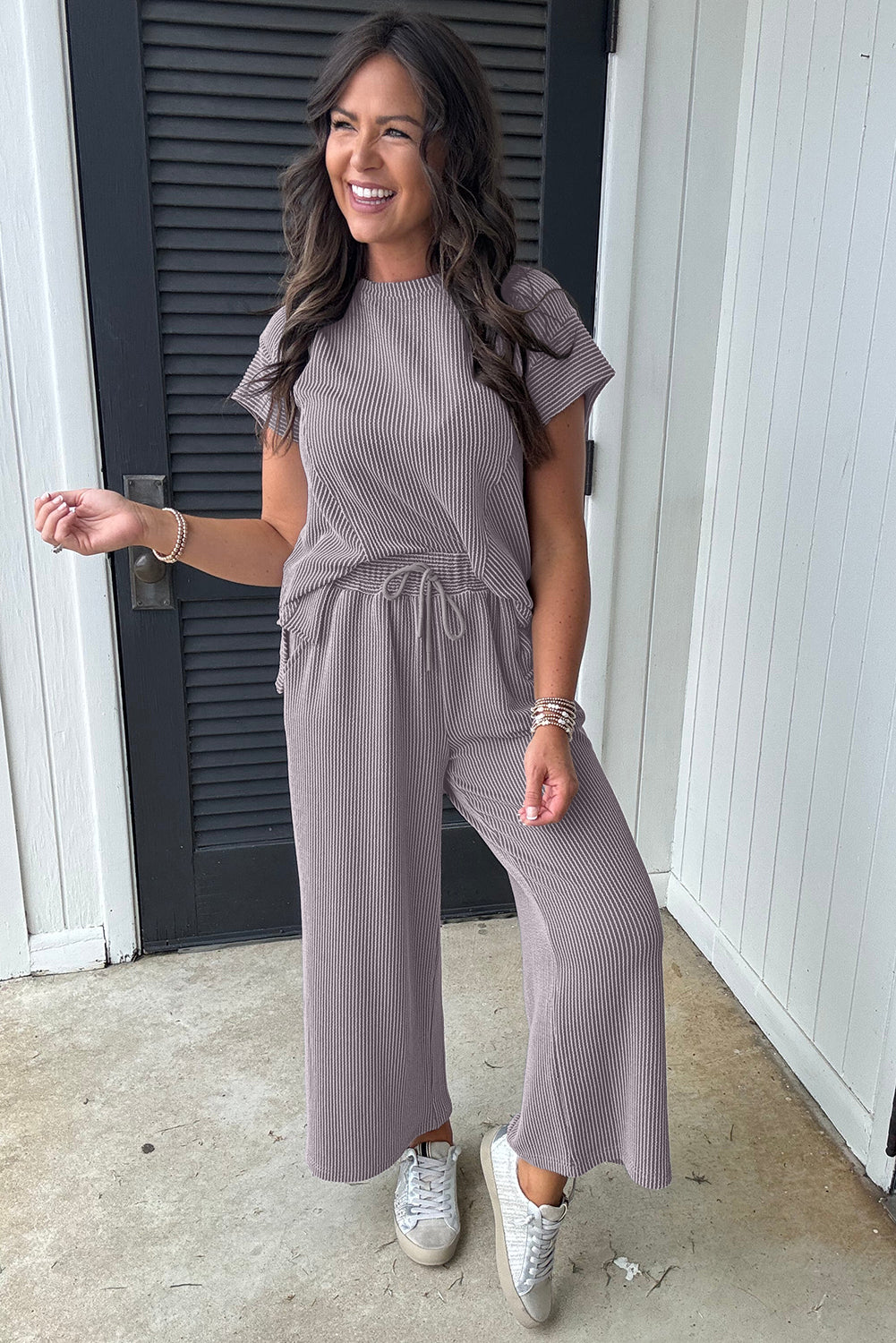 Blue Zone Planet | Wild Wind Solid Corded Knit Short Sleeve T Shirt and Wide Leg Pants Set-Two Piece Sets/Pant Sets-[Adult]-[Female]-2022 Online Blue Zone Planet