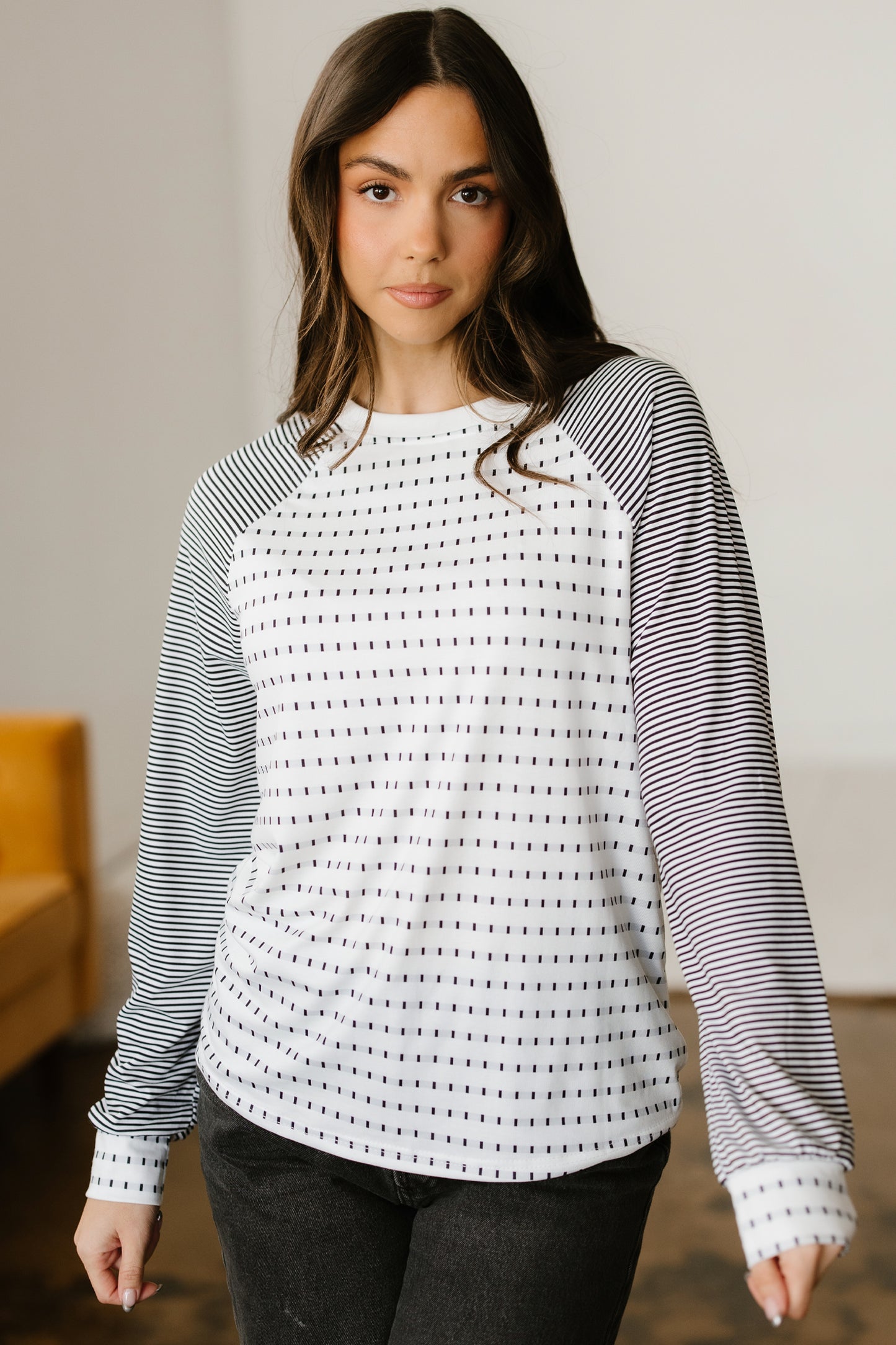 Black Stripe Raglan Patchwork Long Sleeve Tee-Tops/Long Sleeve Tops-[Adult]-[Female]-2022 Online Blue Zone Planet