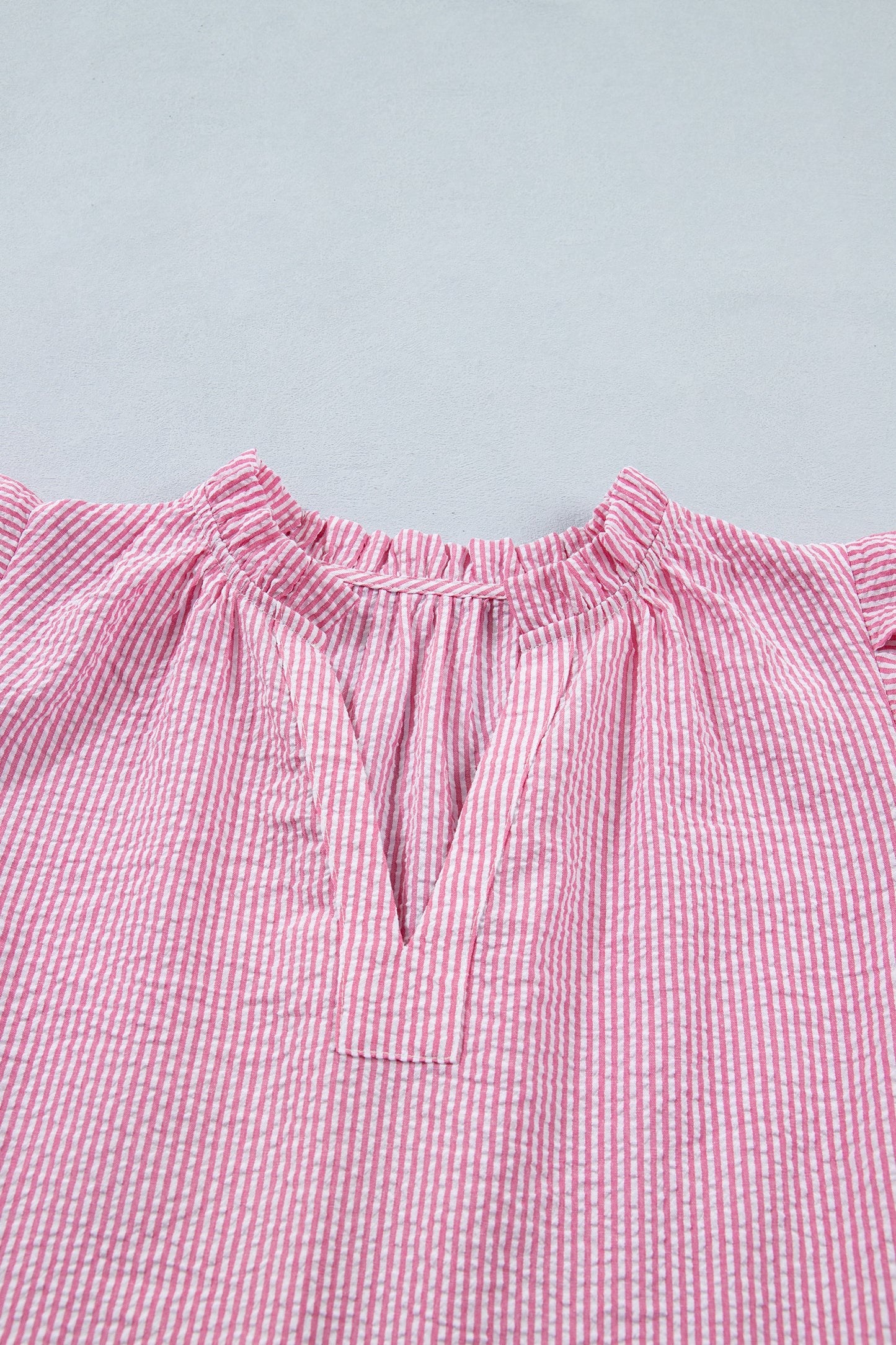Rose Stripe Short Bubble Sleeve Split V Neck Blouse-Tops/Blouses & Shirts-[Adult]-[Female]-2022 Online Blue Zone Planet