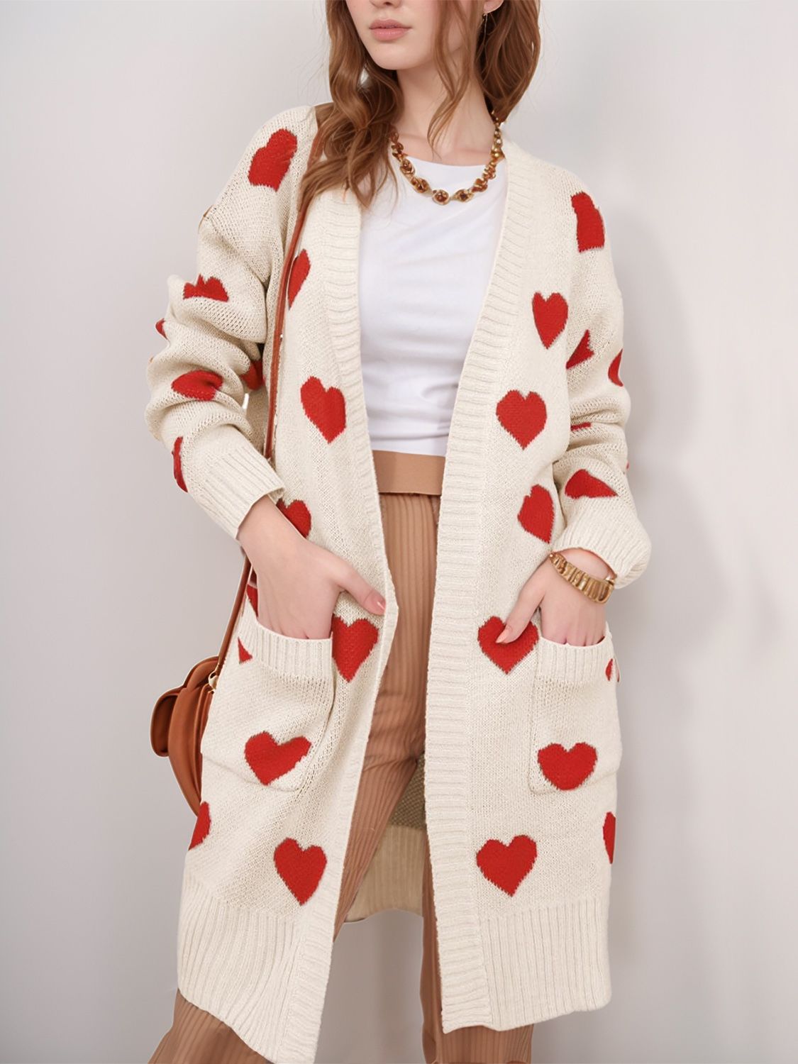 Heart Open Front Long Sleeve Cardigan-TOPS / DRESSES-[Adult]-[Female]-2022 Online Blue Zone Planet