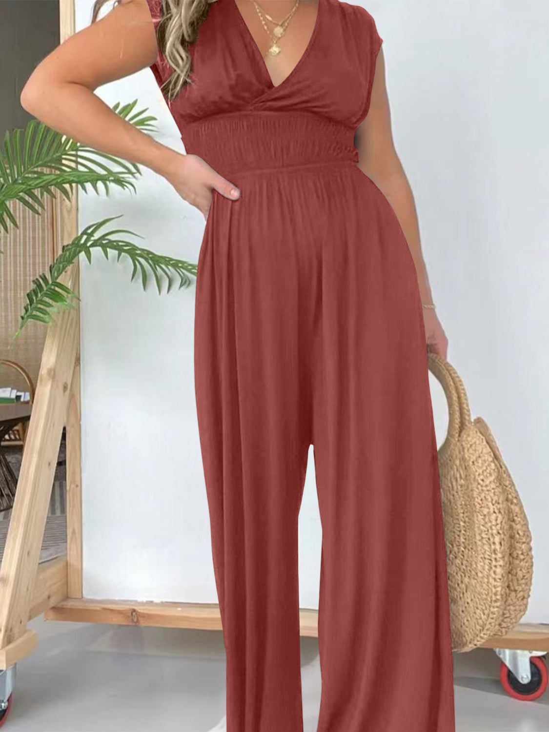 Smocked Cap Sleeve Wide Leg Jumpsuit-TOPS / DRESSES-[Adult]-[Female]-Rust-S-2022 Online Blue Zone Planet