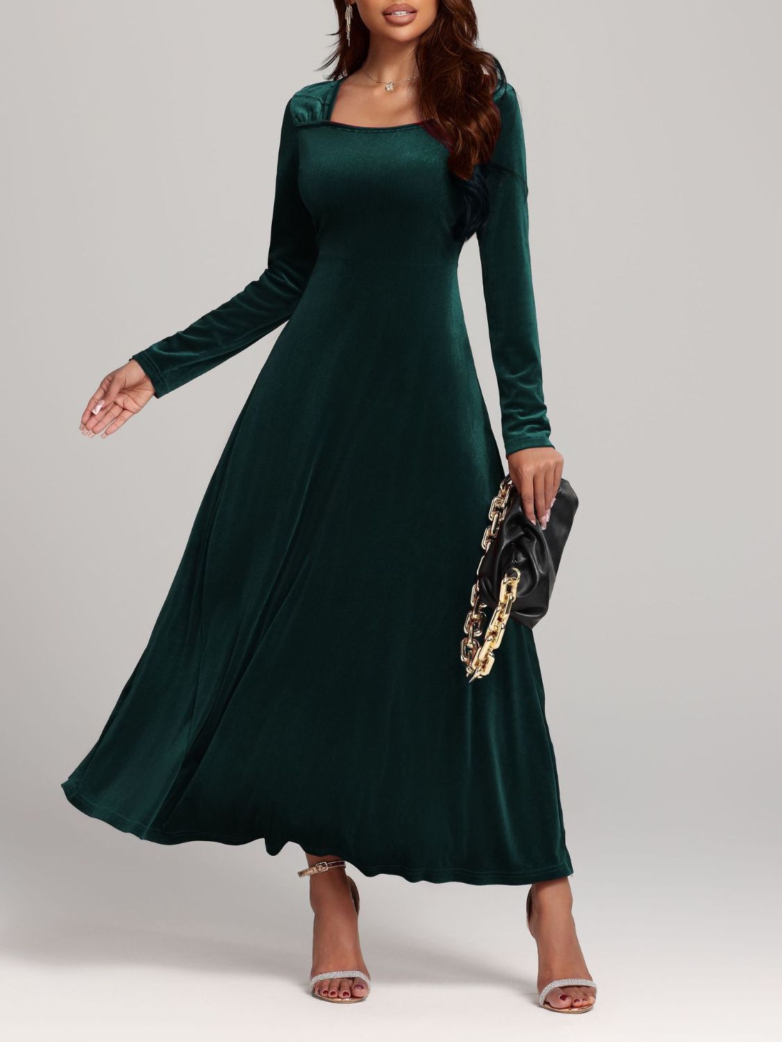 Blue Zone Planet | Square Neck Long Sleeve Velvet Dress-TOPS / DRESSES-[Adult]-[Female]-2022 Online Blue Zone Planet