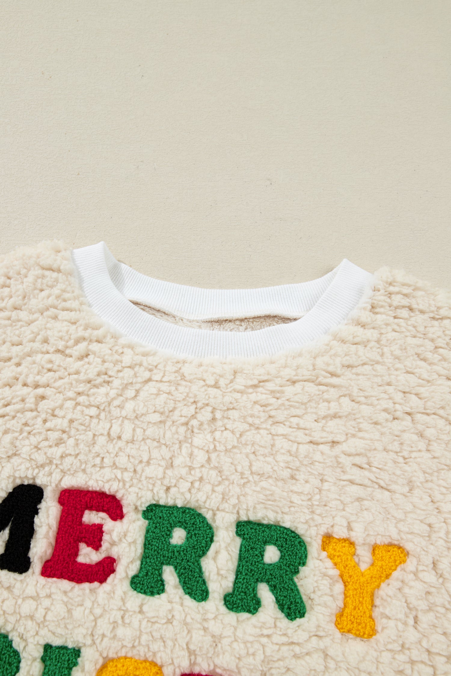 White MERRY CHRISTMAS Multicolor Embroidered Sherpa Pullover Sweatshirt-Tops/Sweatshirts & Hoodies-[Adult]-[Female]-2022 Online Blue Zone Planet