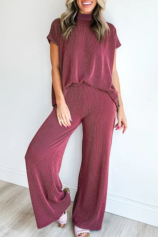 Burgundy Twisted Ribbed High Neck Loose Tee Elastic High Waist Loose Pant Set
