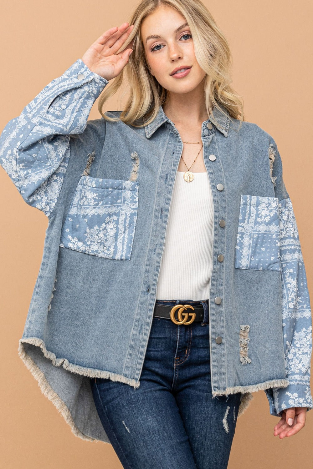 And The Why Full Size Paisley Print Quilted Sleeves Denim Jacket-TOPS / DRESSES-[Adult]-[Female]-Lt.Denim-S-2022 Online Blue Zone Planet