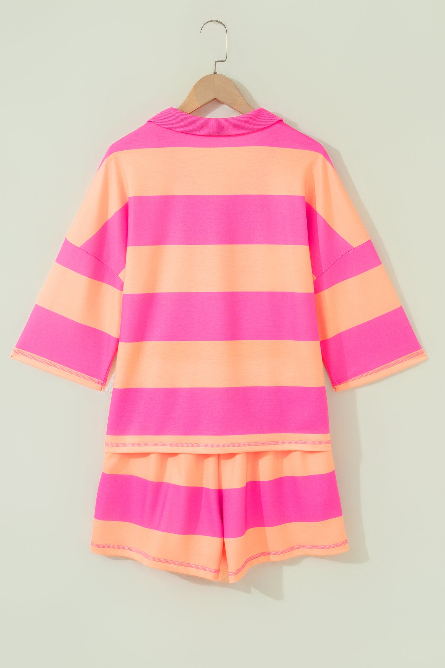 Pink Seam Detail Half Zip Tee Casual Shorts 2pcs Set-Two Piece Sets/Short Sets-[Adult]-[Female]-2022 Online Blue Zone Planet
