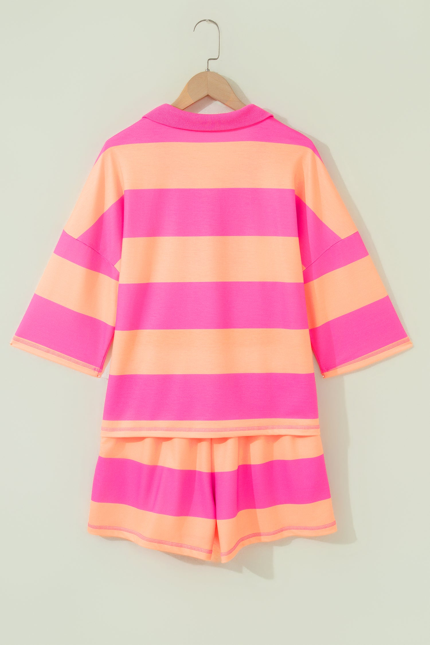 Pink Seam Detail Half Zip Tee Casual Shorts 2pcs Set-Two Piece Sets/Short Sets-[Adult]-[Female]-2022 Online Blue Zone Planet