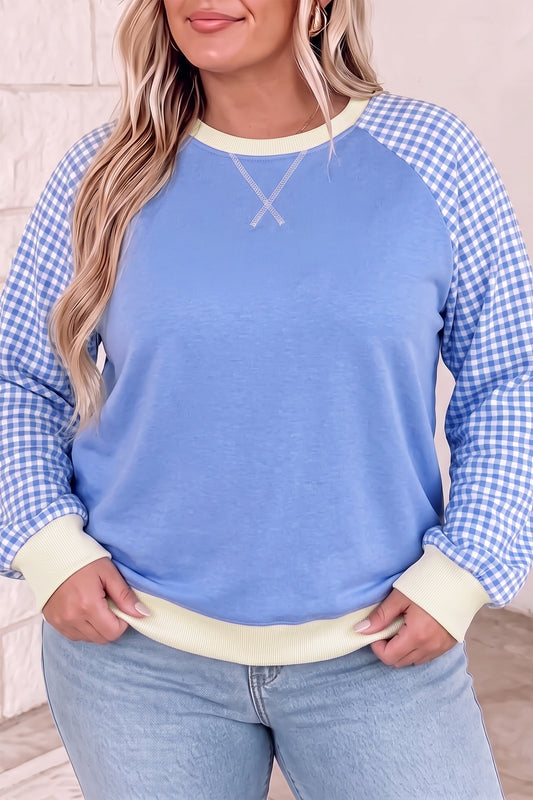 Light Blue Plaid Sleeve Ribbed Colorblock Trim Plus Size Sweatshirt-Plus Size/Plus Size Sweatshirts & Hoodies-[Adult]-[Female]-Light Blue-1X-2022 Online Blue Zone Planet