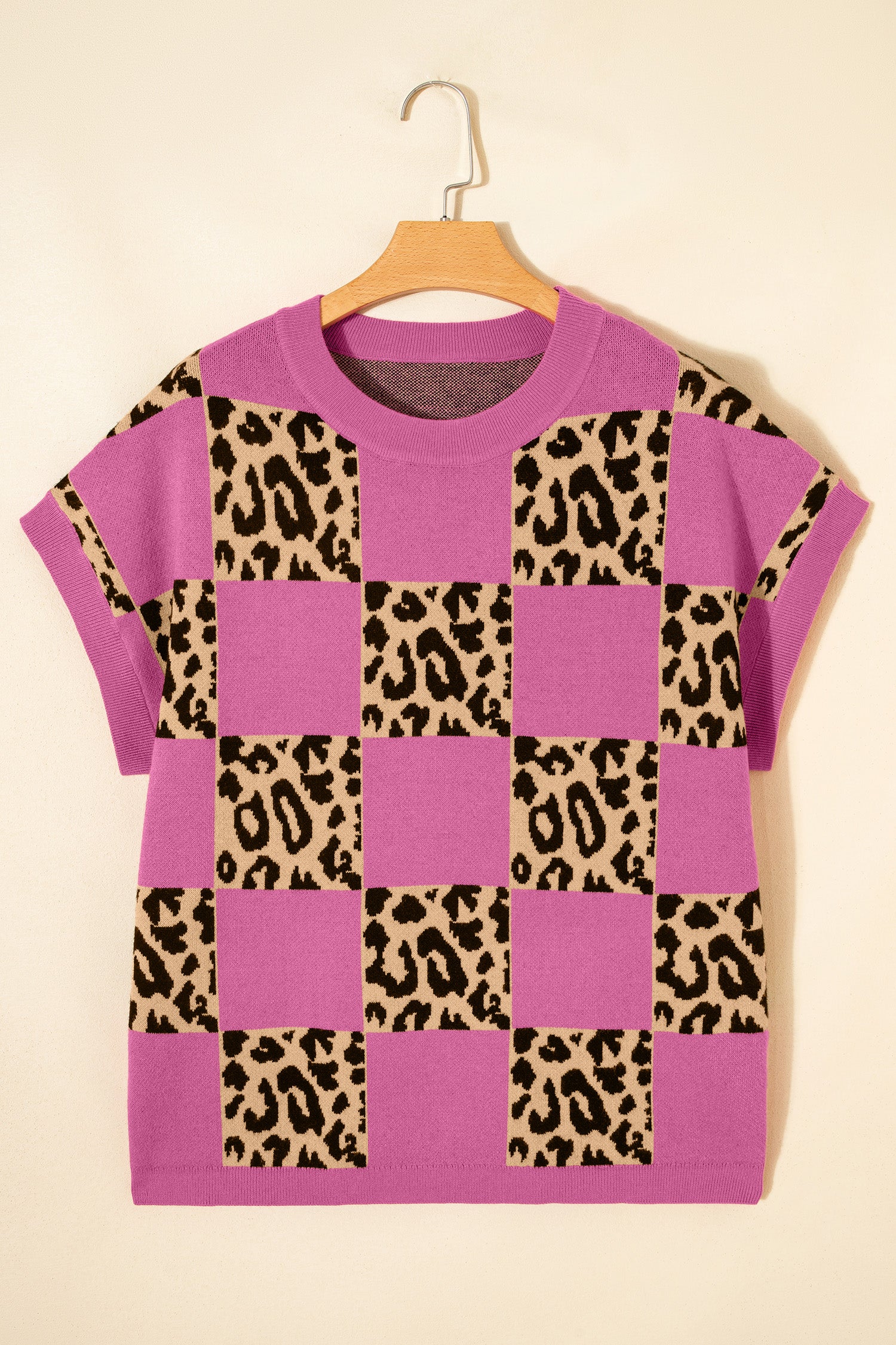 Rose Red Leopard Checkerboard Short Sleeve Knit Sweater-TOPS / DRESSES-[Adult]-[Female]-2022 Online Blue Zone Planet