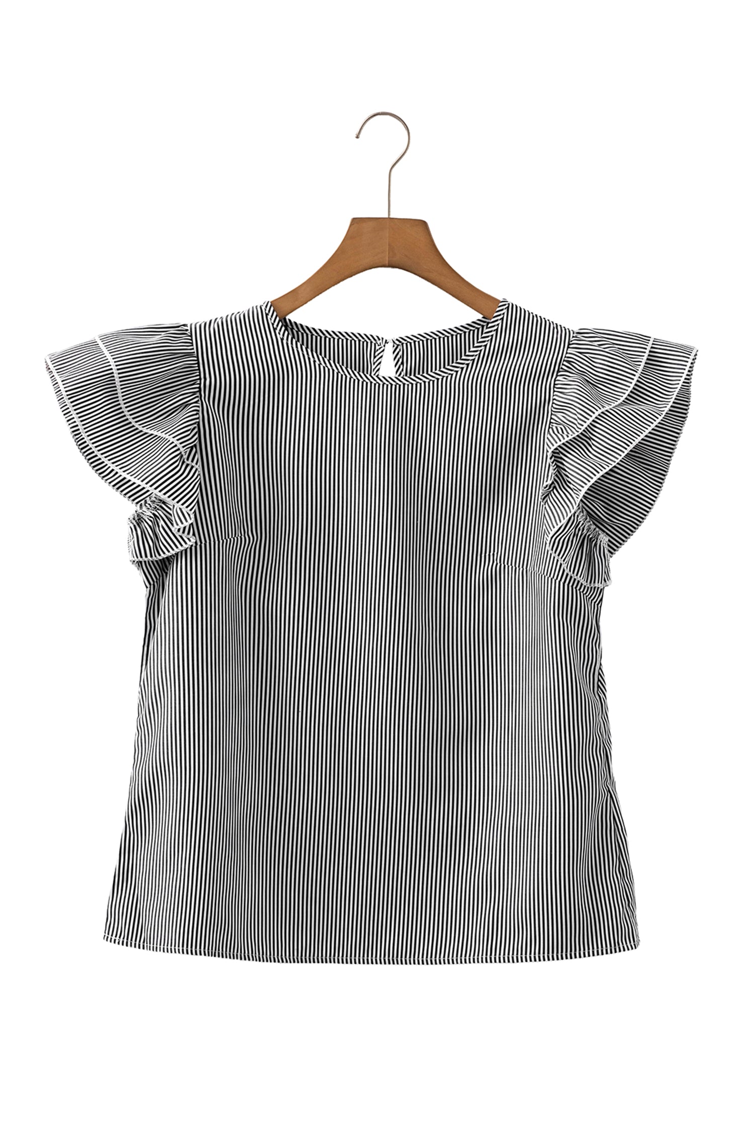 Black Stripe Striped Ruffle Sleeve Short Sleeve Round Neck Casual Shift Blouse-Tops/Blouses & Shirts-[Adult]-[Female]-2022 Online Blue Zone Planet