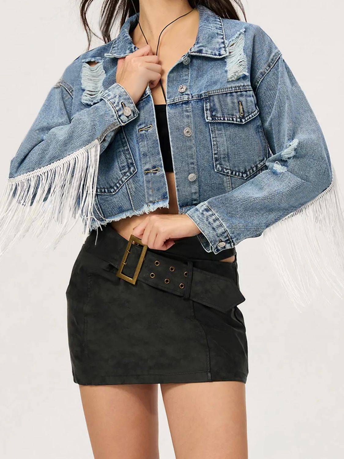 Blue Zone Planet | Distressed Fringe Collared Neck Cropped Denim Top-TOPS / DRESSES-[Adult]-[Female]-2022 Online Blue Zone Planet