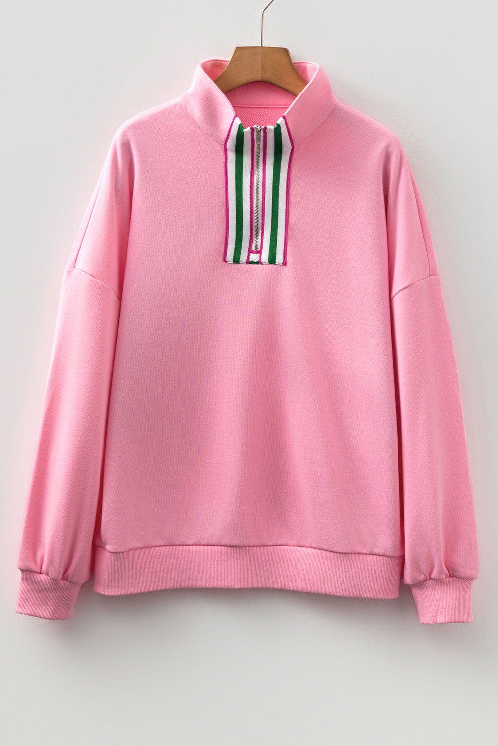 Sachet Pink Contrast Striped Patchwork Zip Collar Pullover Sweatshirt-Tops/Sweatshirts & Hoodies-[Adult]-[Female]-2022 Online Blue Zone Planet