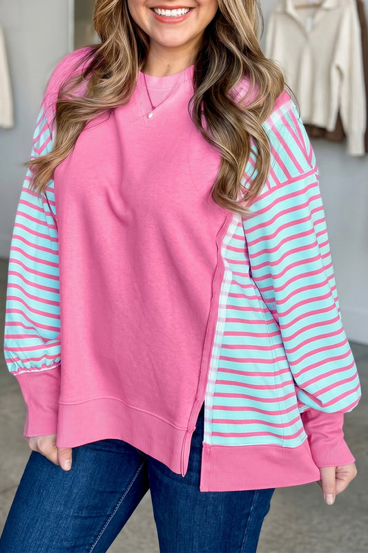 Purple Orchid Striped Colorblock Long Sleeve Tunic Plus Size Sweatshirt-Plus Size/Plus Size Sweatshirts & Hoodies-[Adult]-[Female]-Purple Orchid-1X-2022 Online Blue Zone Planet